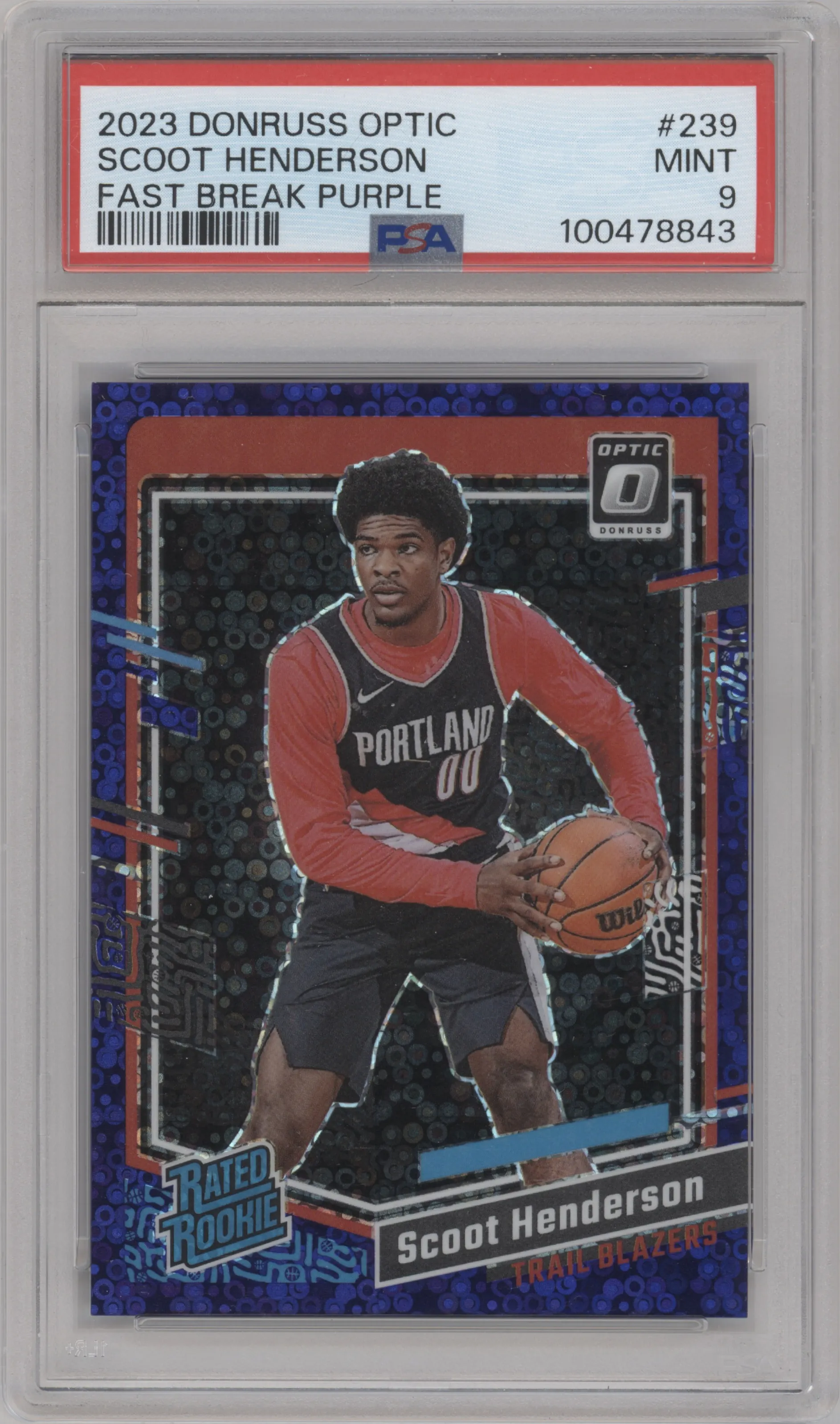 Scoot Henderson from the 2023-24 Donruss Optic set featuring a Fast Break Purple parallel graded by PSA and given an overall grade of 9.