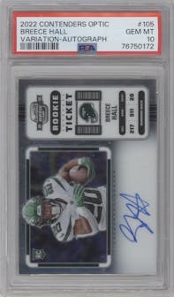 Breece Hall from the 2022 Panini Contenders Optic set graded by PSA and given an overall grade of 10.
