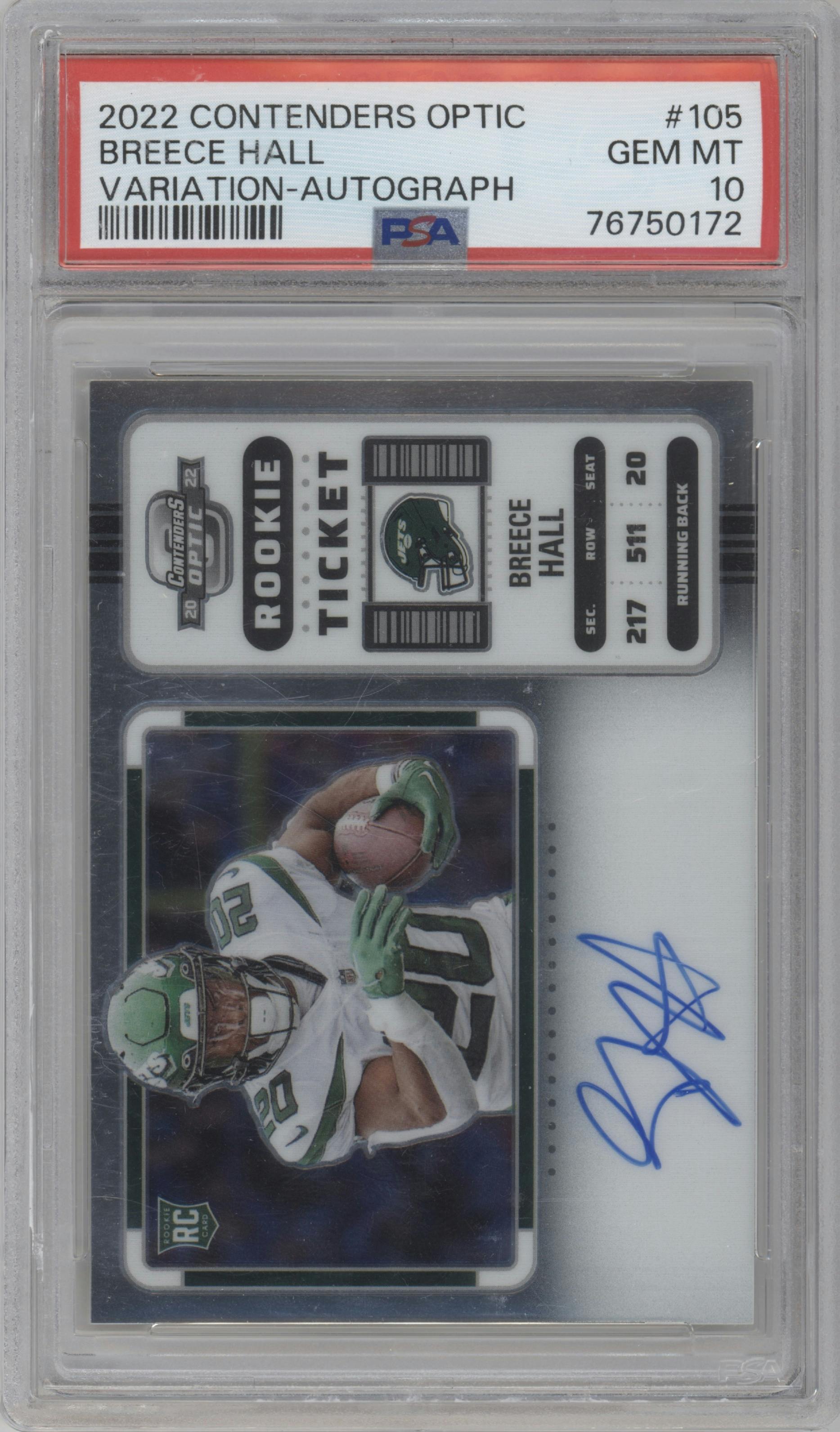 Breece Hall from the 2022 Panini Contenders Optic set graded by PSA and given an overall grade of 10.