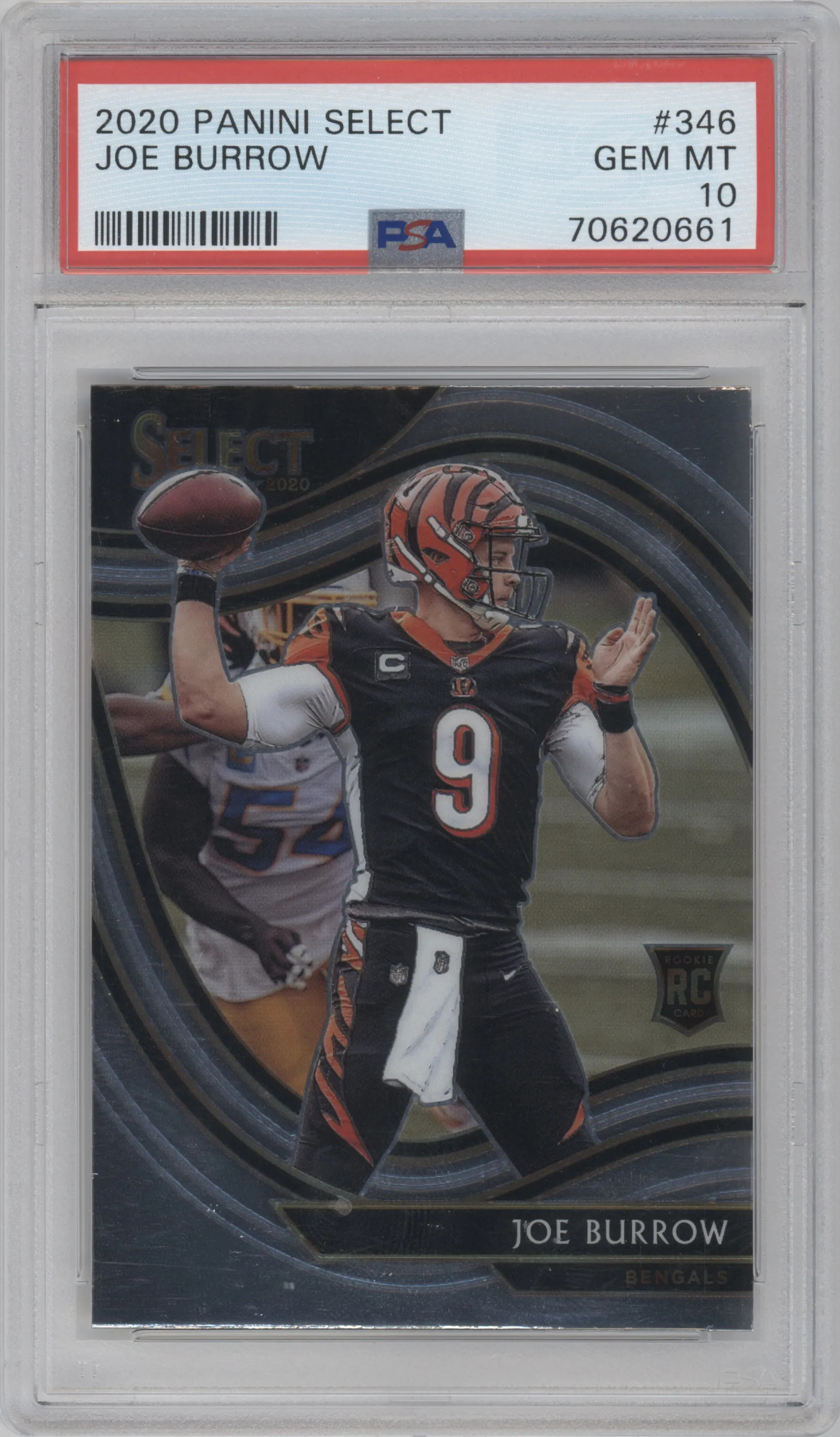 Joe Burrow from the 2020 Panini Select set graded by PSA and given an overall grade of 10.