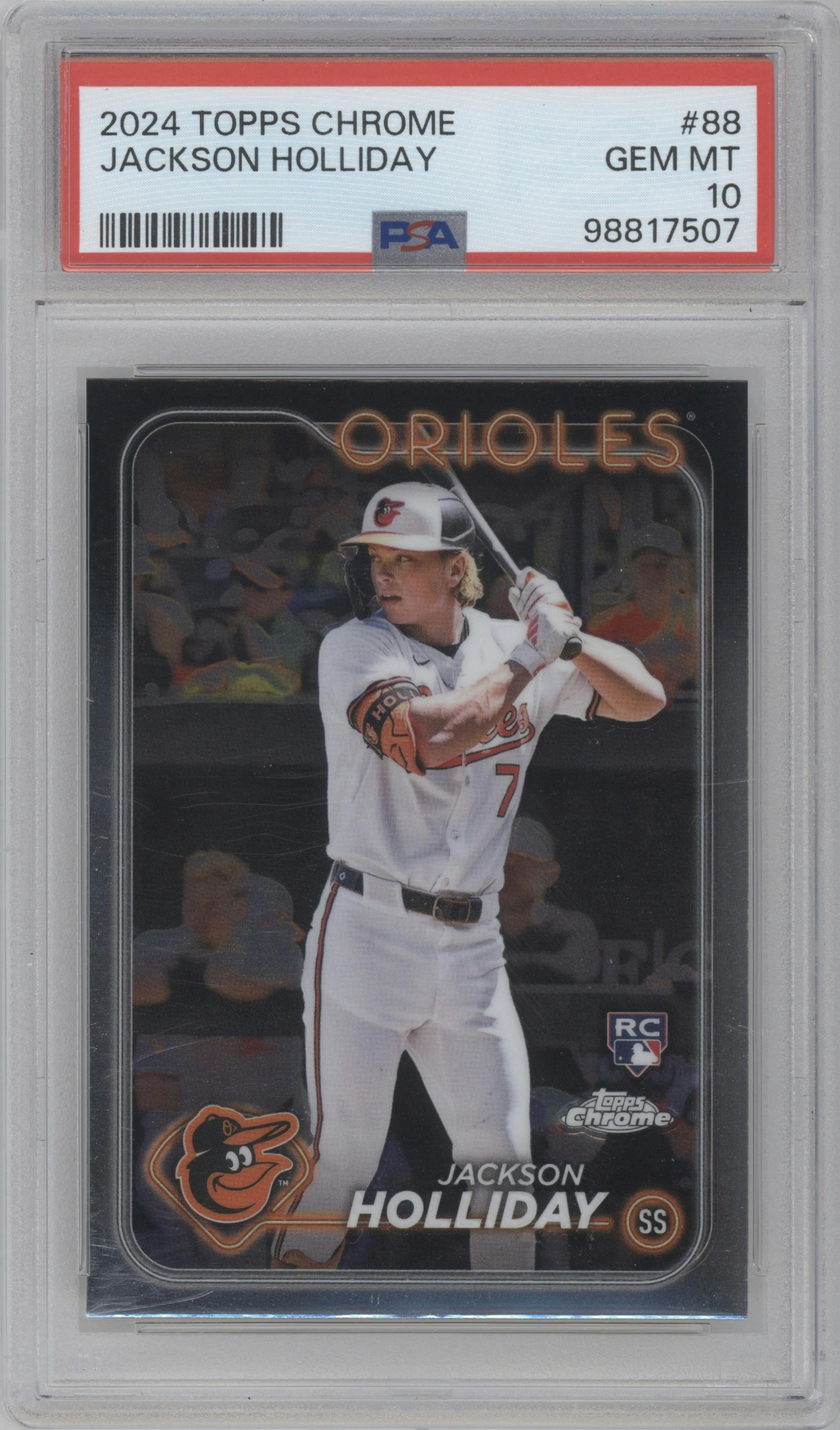 Jackson Holliday from the 2024 Topps Chrome set graded by PSA and given an overall grade of 10.