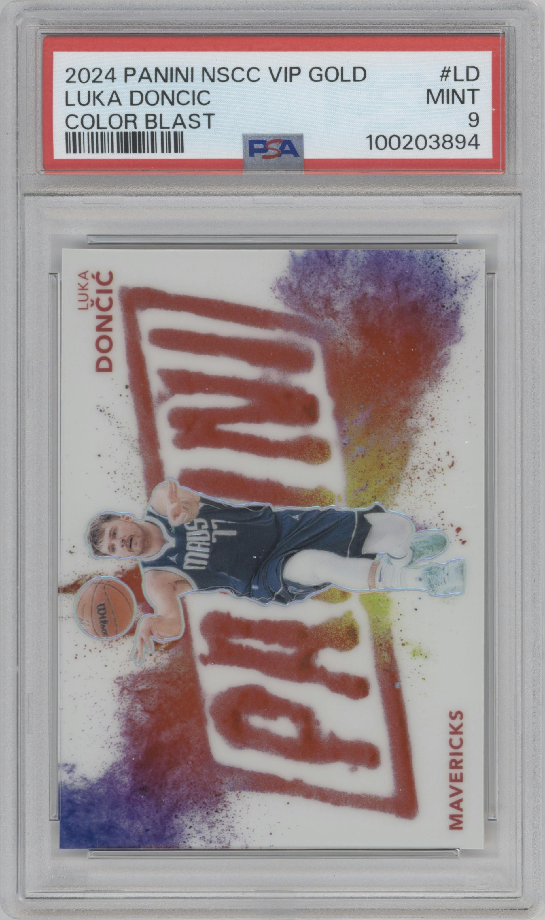 Luka Doncic from the 2024 Panini The National VIP set graded by PSA and given an overall grade of 9.