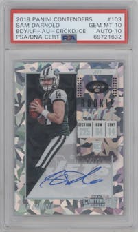 Sam Darnold from the 2018 Panini Contenders set featuring a Cracked Ice parallel graded by PSA and given an overall grade of 10.