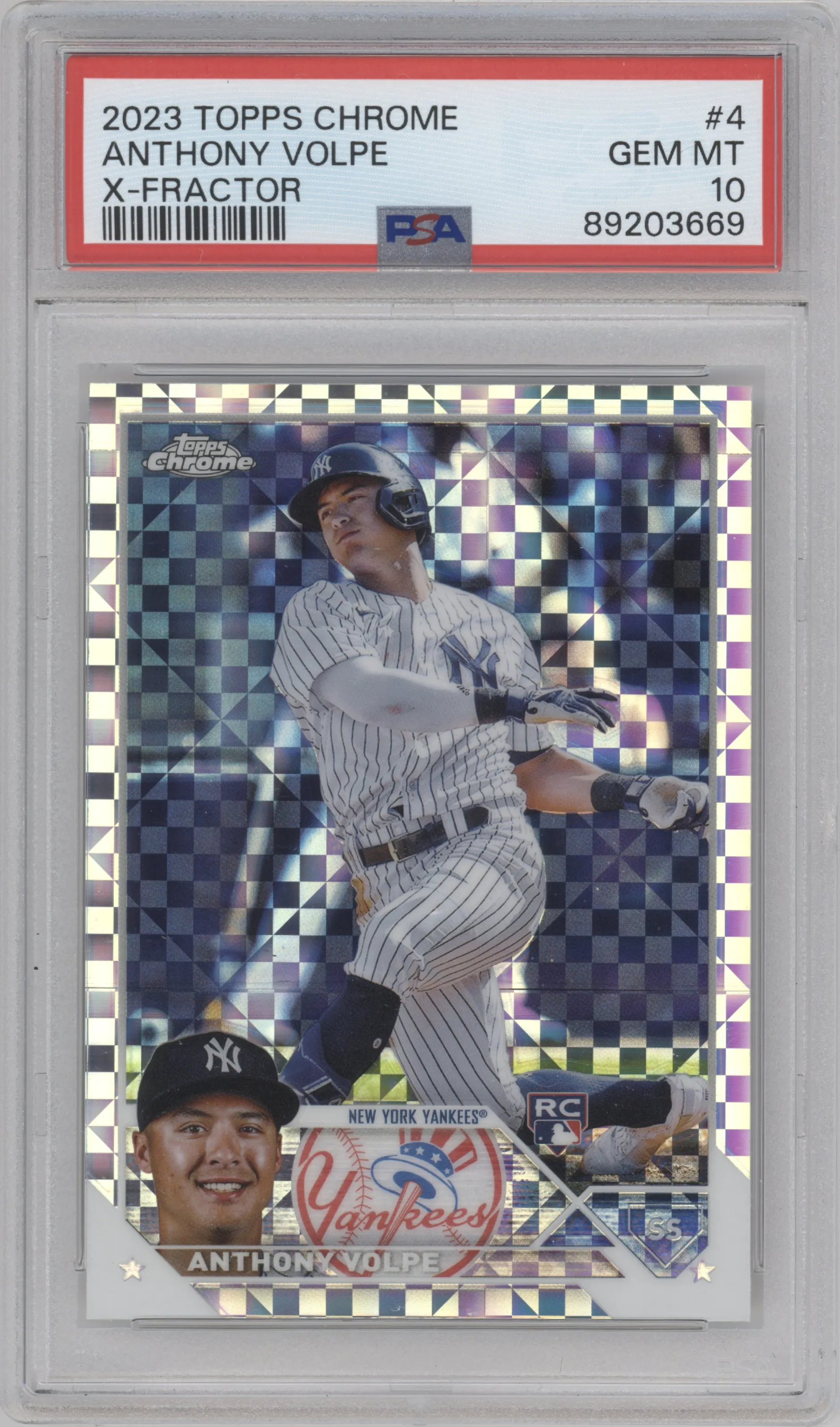 Anthony Volpe from the 2023 Topps Chrome set featuring a X-Fractor parallel graded by PSA and given an overall grade of 10.