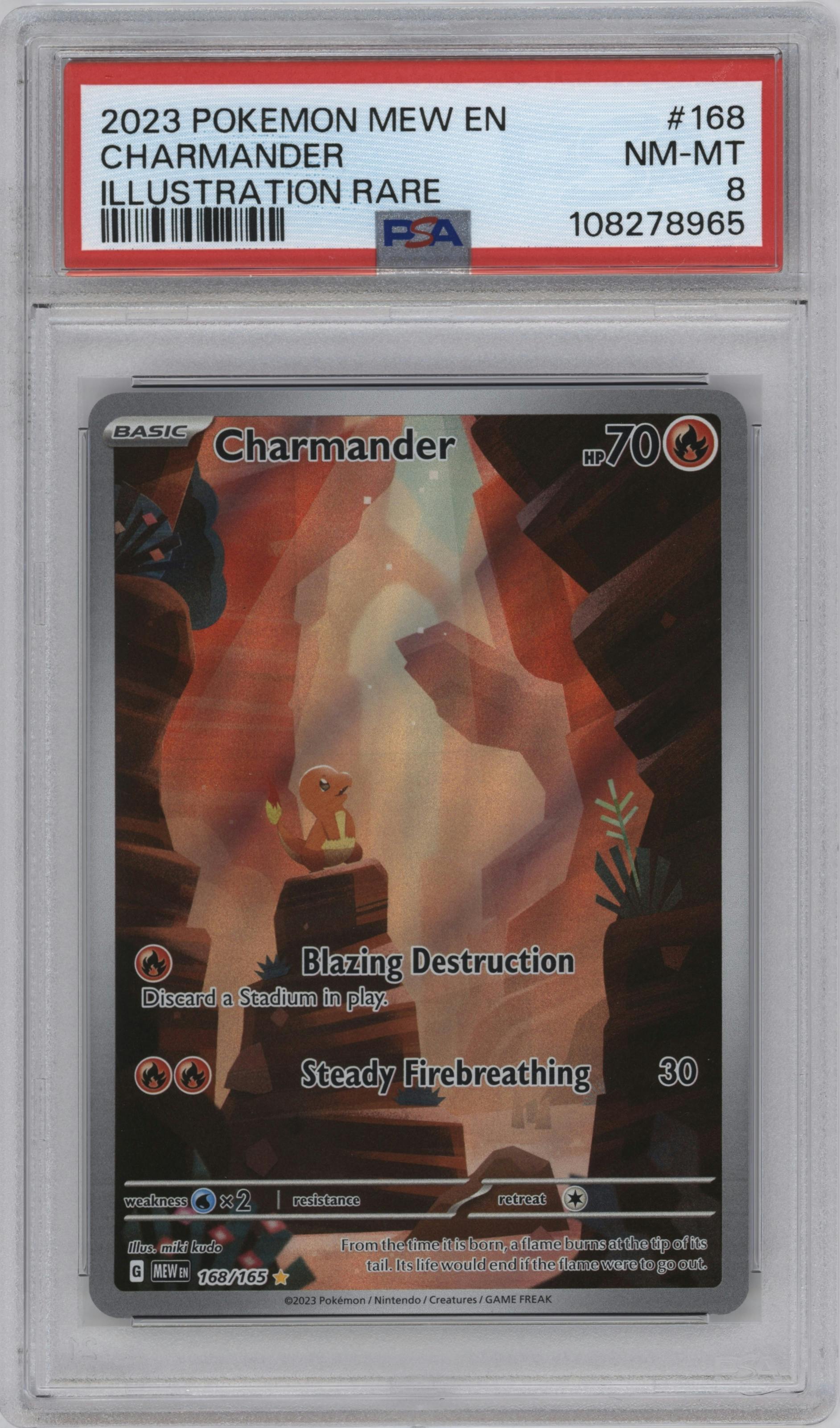 Charmander from the 2023 Pokemon SV set graded by PSA and given an overall grade of 8.