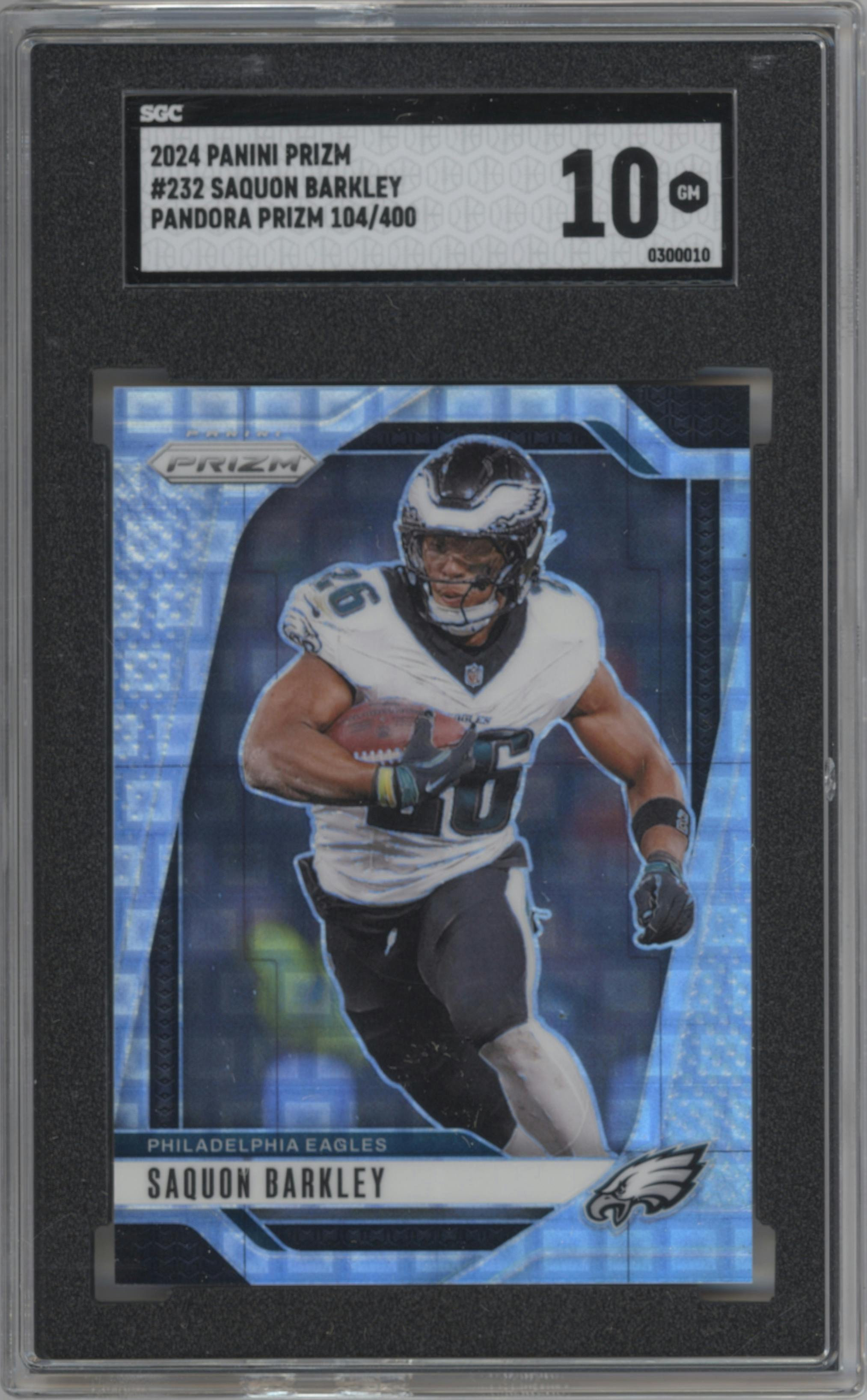 Saquon Barkley from the 2024 Panini Prizm set featuring a Pandora parallel graded by SGC and given an overall grade of 10.