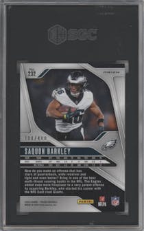 Saquon Barkley from the 2024 Panini Prizm set featuring a Pandora parallel graded by SGC and given an overall grade of 10.