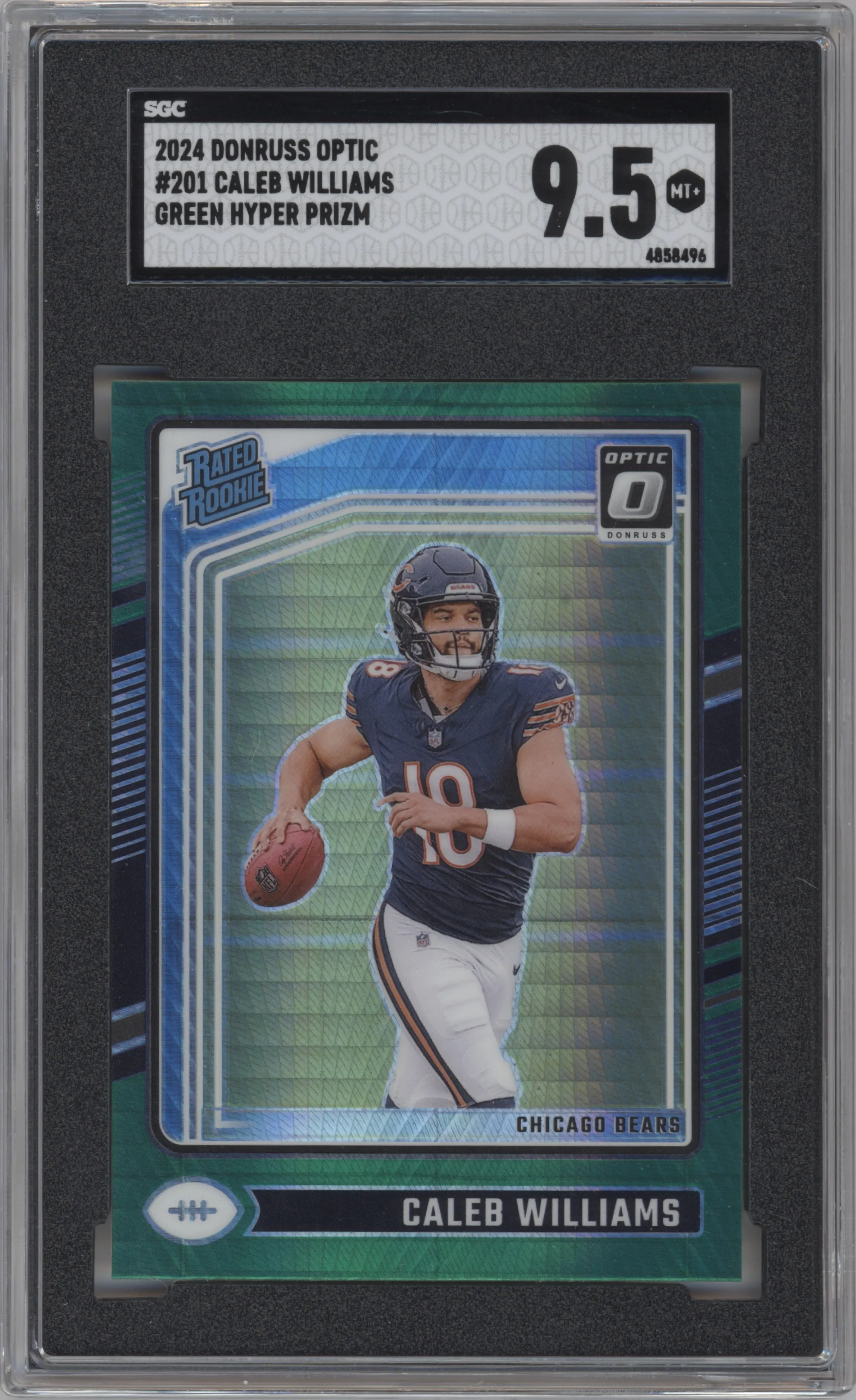 Caleb Williams from the 2024 Donruss Optic set featuring a Hyper Green parallel graded by SGC and given an overall grade of 9.5.