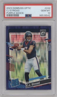 C.J. Stroud from the 2023 Donruss Optic set featuring a  Purple Shock parallel graded by PSA and given an overall grade of 10.