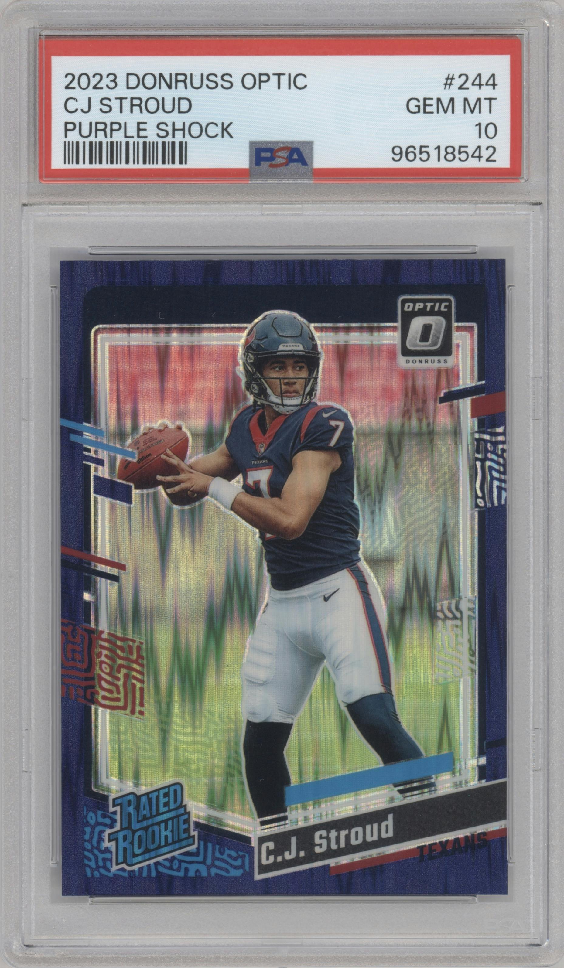 C.J. Stroud from the 2023 Donruss Optic set featuring a  Purple Shock parallel graded by PSA and given an overall grade of 10.