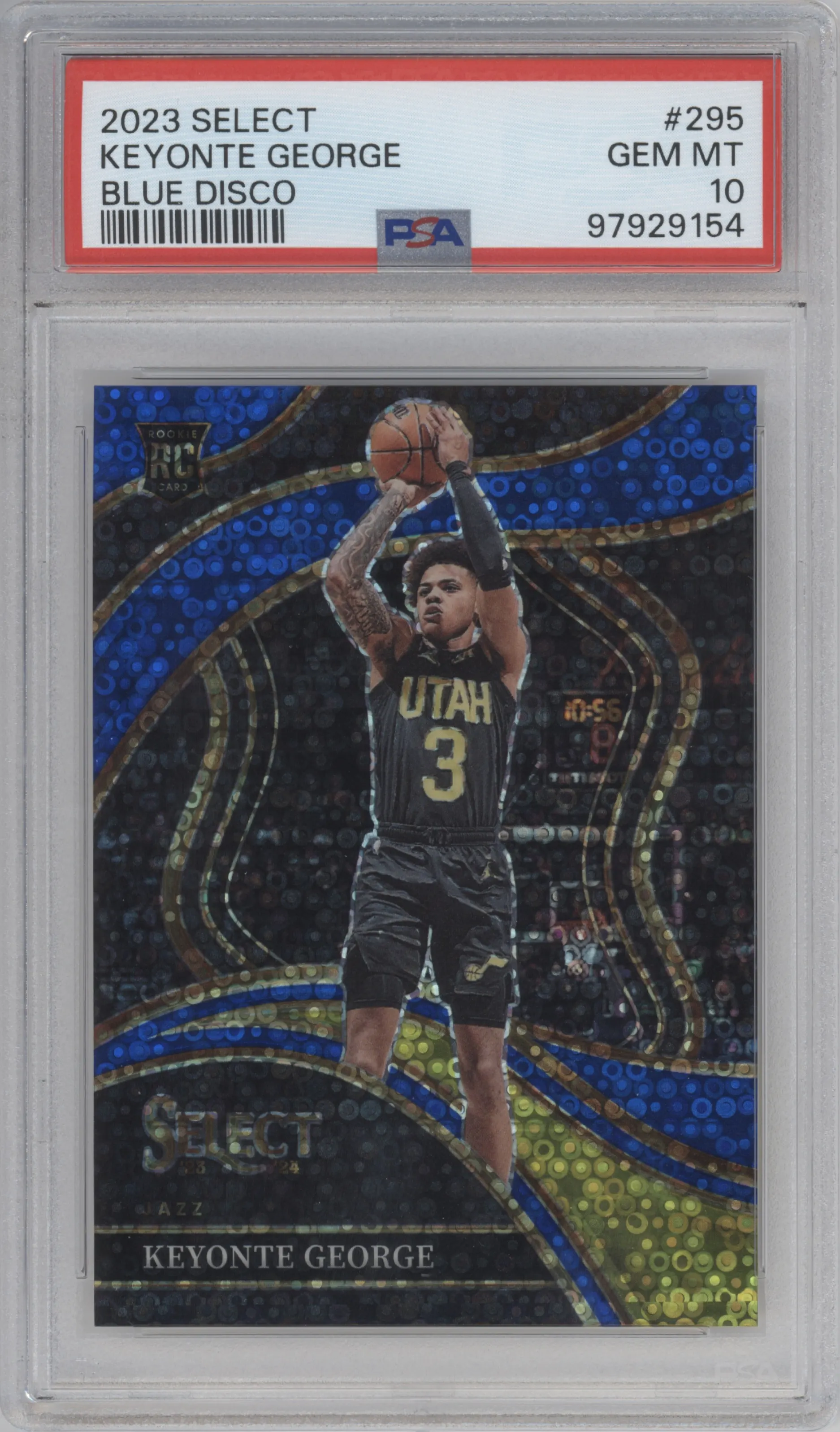 Keyonte George from the 2023-24 Panini Select  set featuring a Disco Blue parallel graded by PSA and given an overall grade of 10.