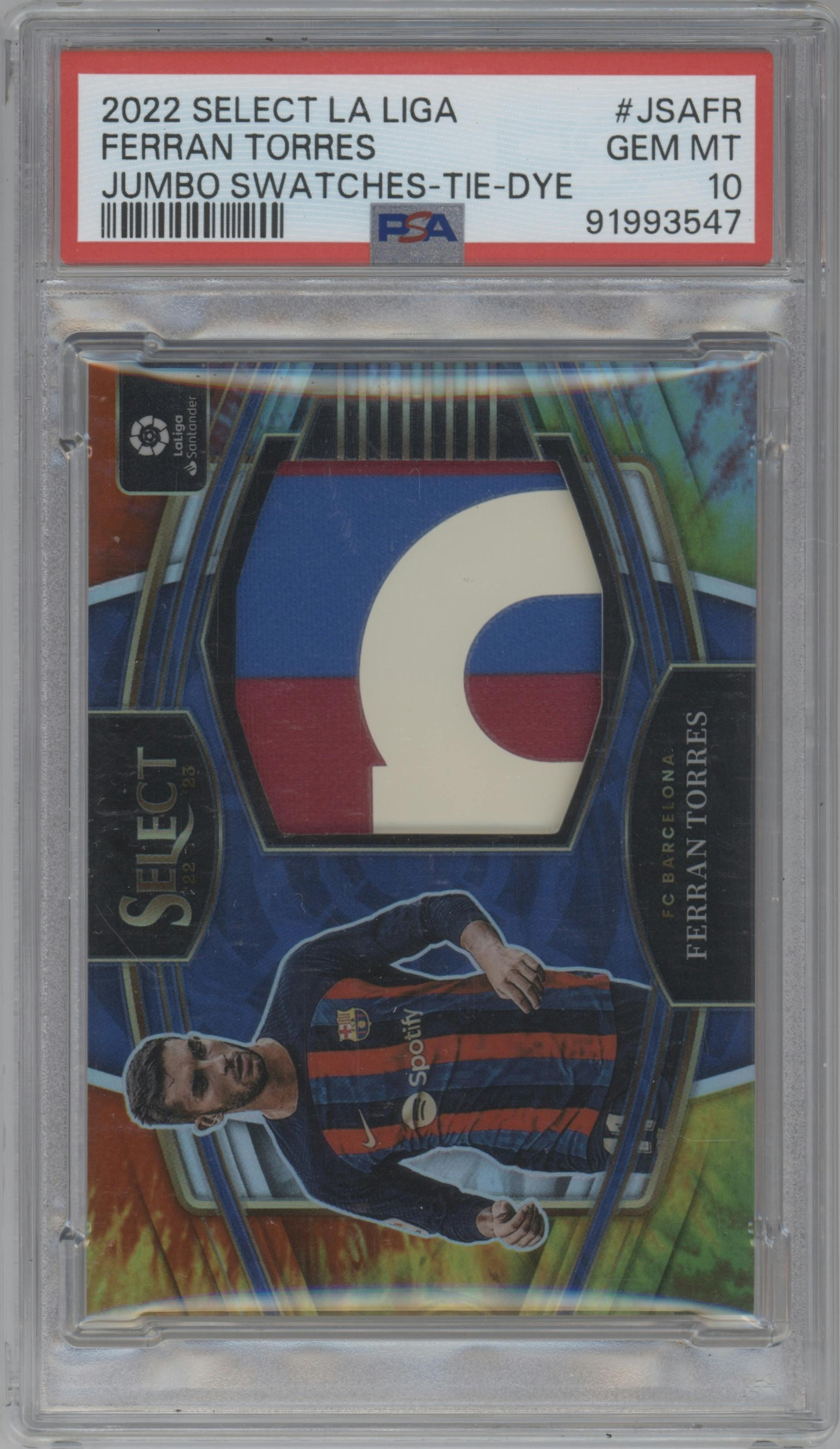 Ferran Torres from the 2022-23 Panini Select La Liga set featuring a Tie-Dye parallel graded by PSA and given an overall grade of 10.
