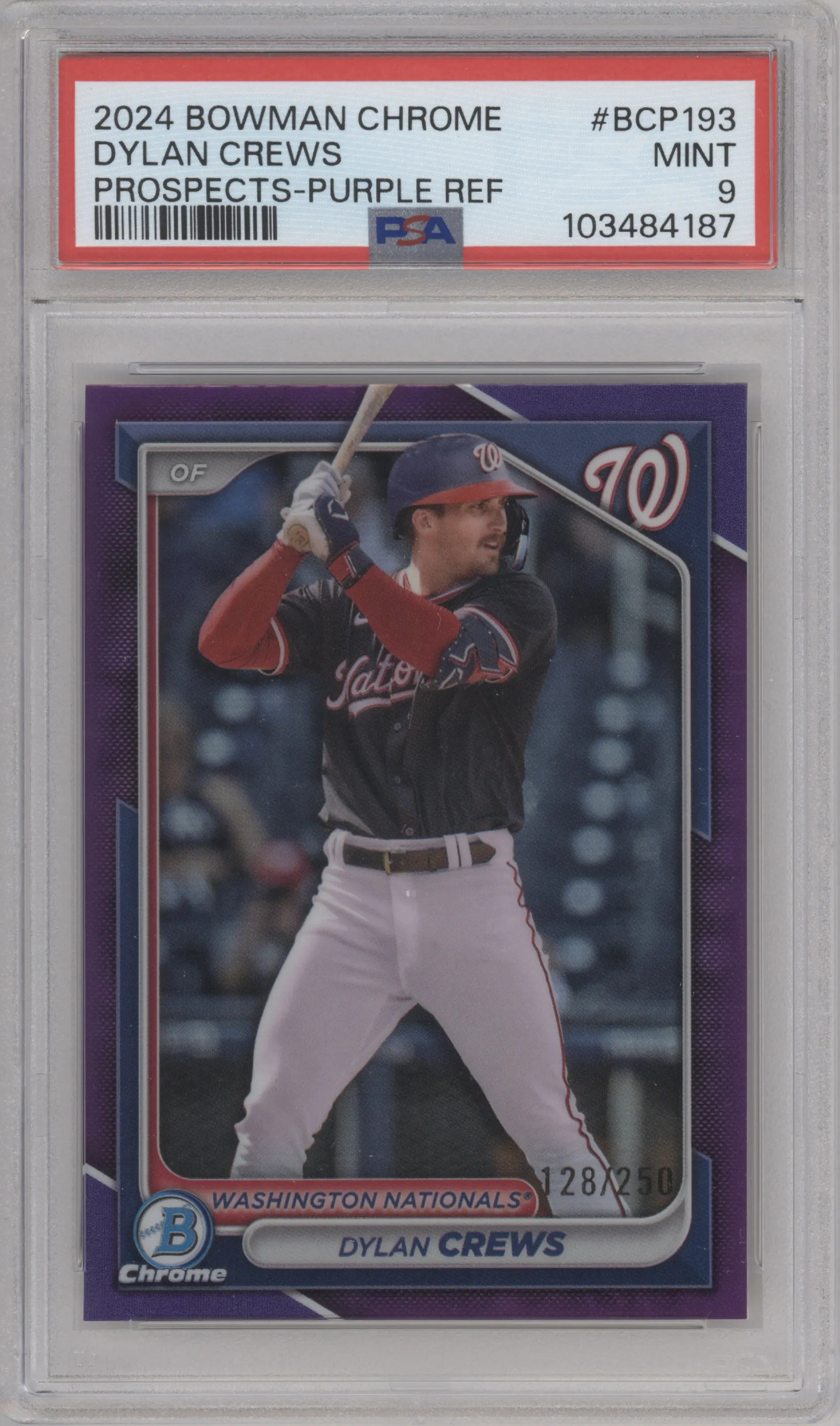 Dylan Crews from the 2024 Bowman Chrome set featuring a Purple Refractor parallel graded by PSA and given an overall grade of 9.