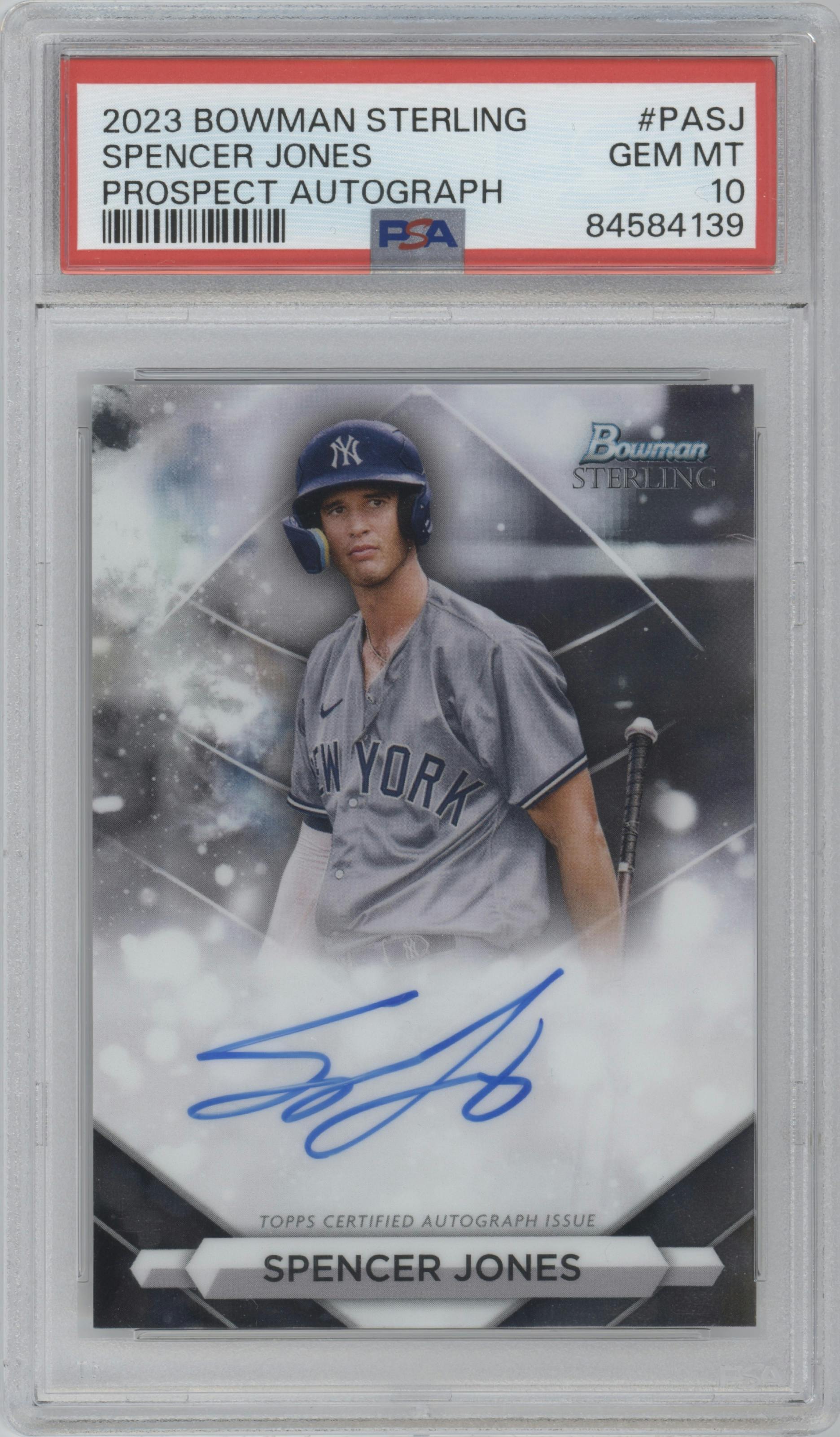 Spencer Jones from the 2023 Bowman Sterling set graded by PSA and given an overall grade of 10.