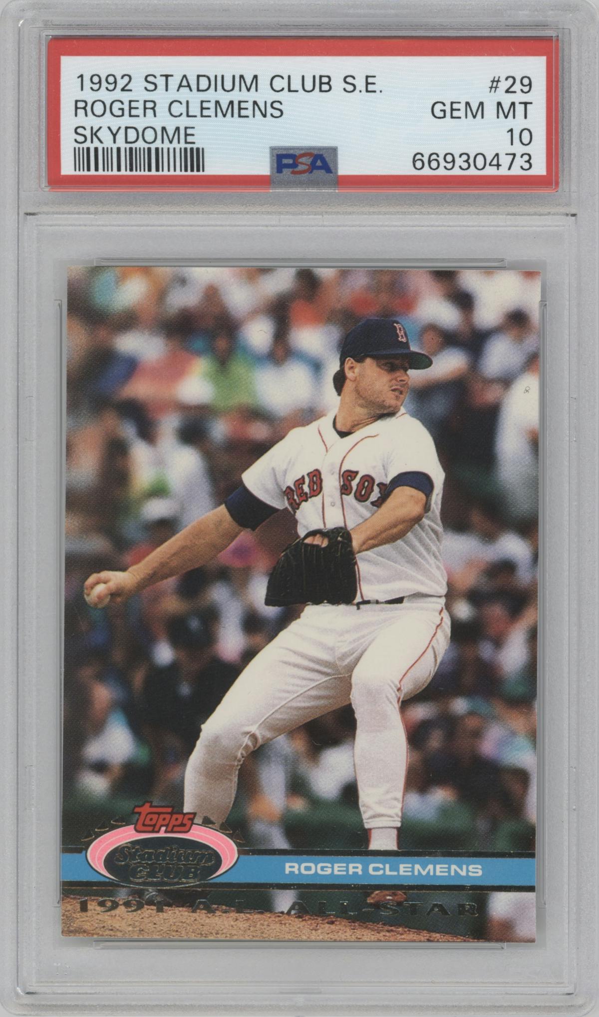 Roger Clemens from the 1992 Stadium Club Dome set graded by PSA and given an overall grade of 10.