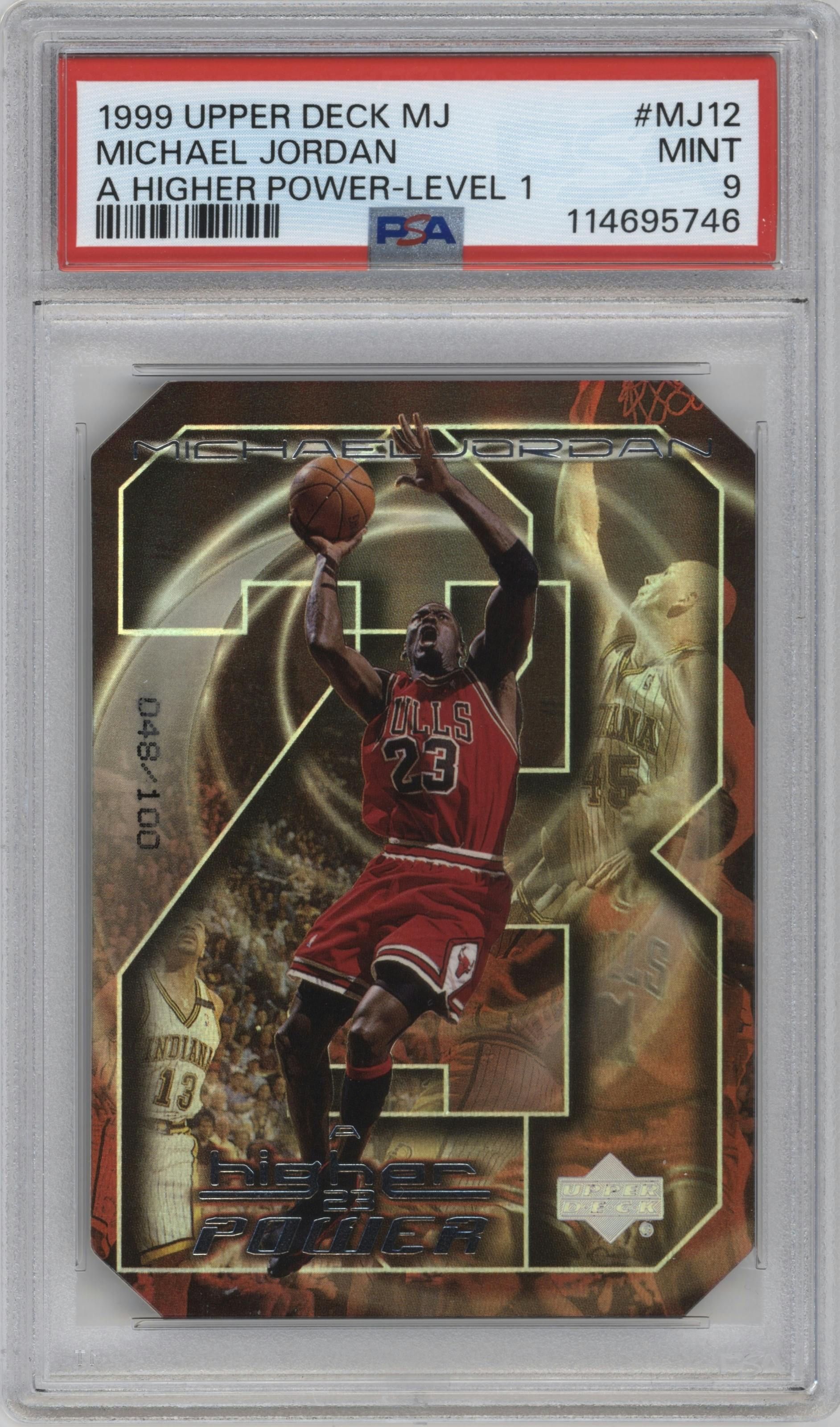 Michael Jordan from the 1999-00 Upper Deck set featuring a Level 1 parallel graded by PSA and given an overall grade of 9.