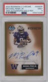 Michael Penix Jr.  from the 2023 Bowman Chrome University set featuring a Gold Refractor parallel graded by PSA and given an overall grade of 9.