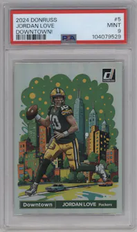 Jordan Love from the 2024 Donruss set graded by PSA and given an overall grade of 9.