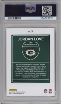 Jordan Love from the 2024 Donruss set graded by PSA and given an overall grade of 9.