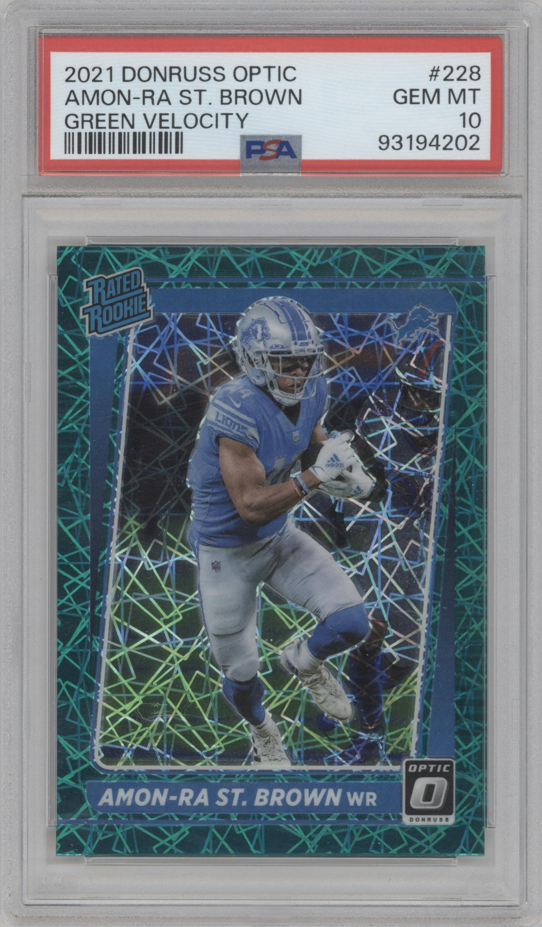 Amon-Ra St. Brown from the 2021 Panini Donruss Optic set featuring a Green Velocity parallel graded by PSA and given an overall grade of 10.