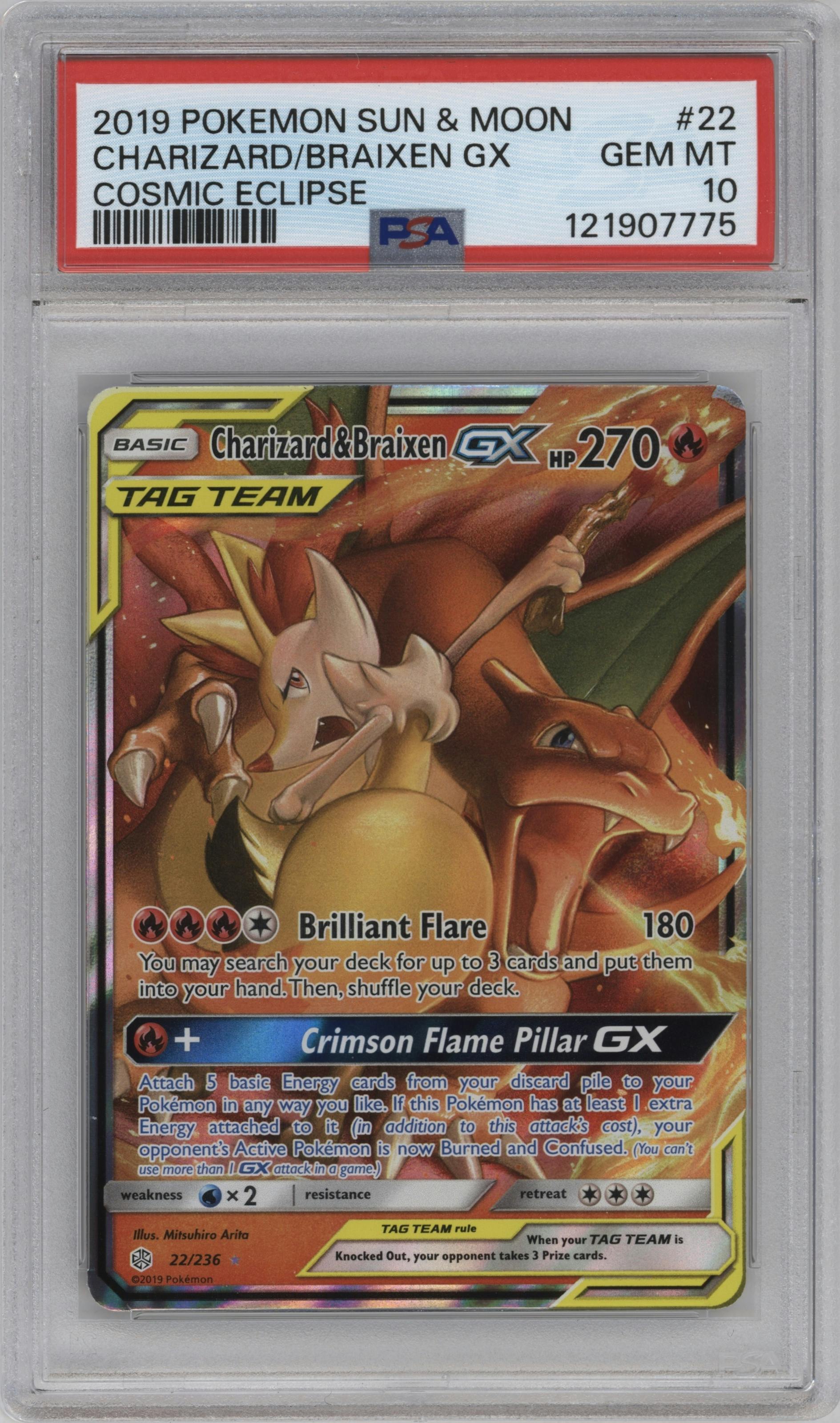 Charizard/Braixen GX from the 2019 Pokemon S&M  set graded by PSA and given an overall grade of 10.