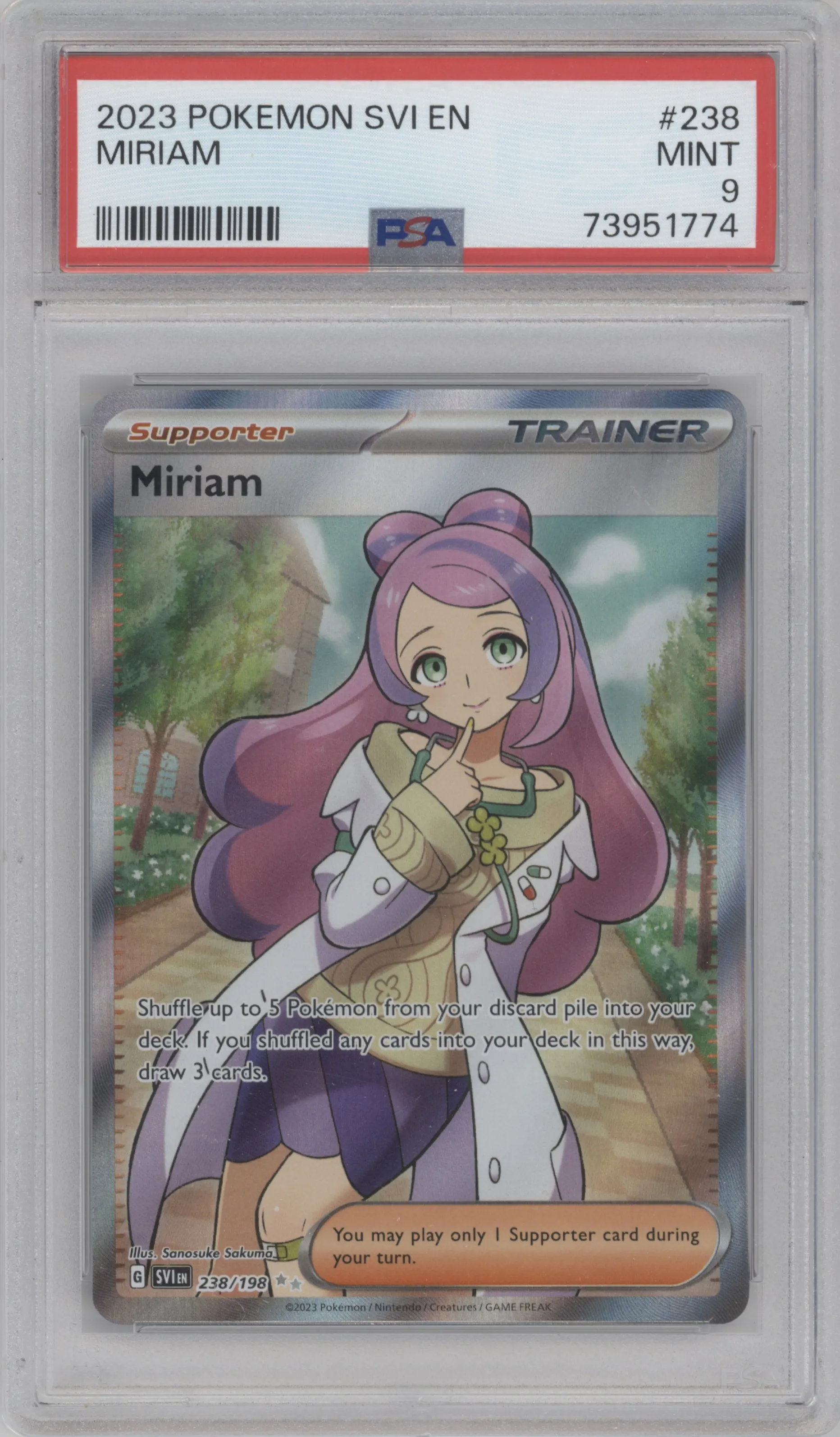 Miriam from the 2023 Pokemon SV set graded by PSA and given an overall grade of 9.