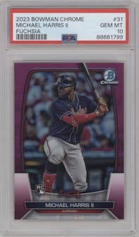 Michael Harris II from the 2023 Bowman Chrome set featuring a Fuchsia Refractor parallel graded by PSA and given an overall grade of 10.