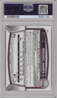 Michael Harris II from the 2023 Bowman Chrome set featuring a Fuchsia Refractor parallel graded by PSA and given an overall grade of 10.