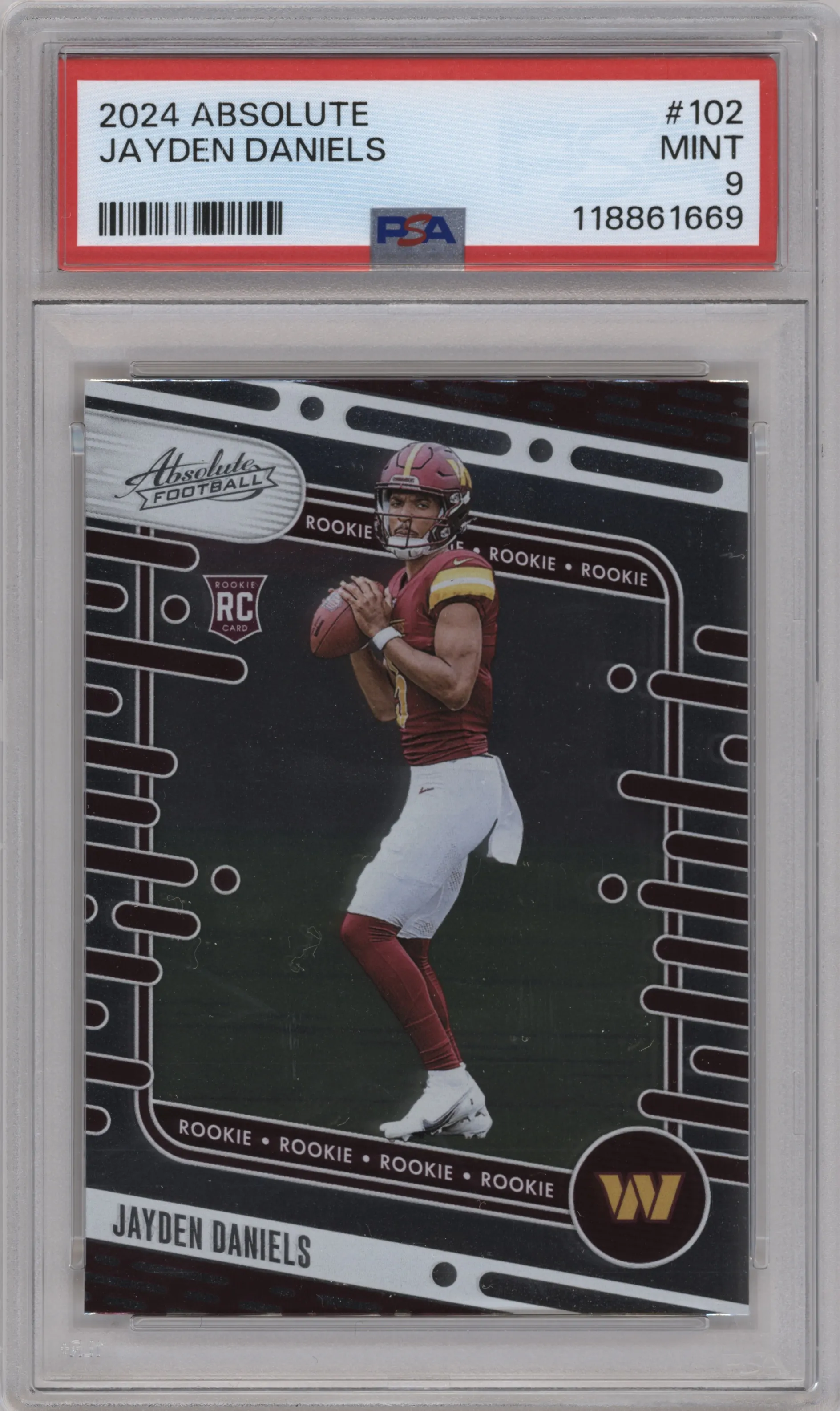 Jayden Daniels from the 2024 Panini Absolute set graded by PSA and given an overall grade of 9.