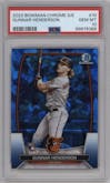 Gunnar Henderson from the 2023 Bowman Chrome Sapphire Edition set graded by PSA and given an overall grade of 10.