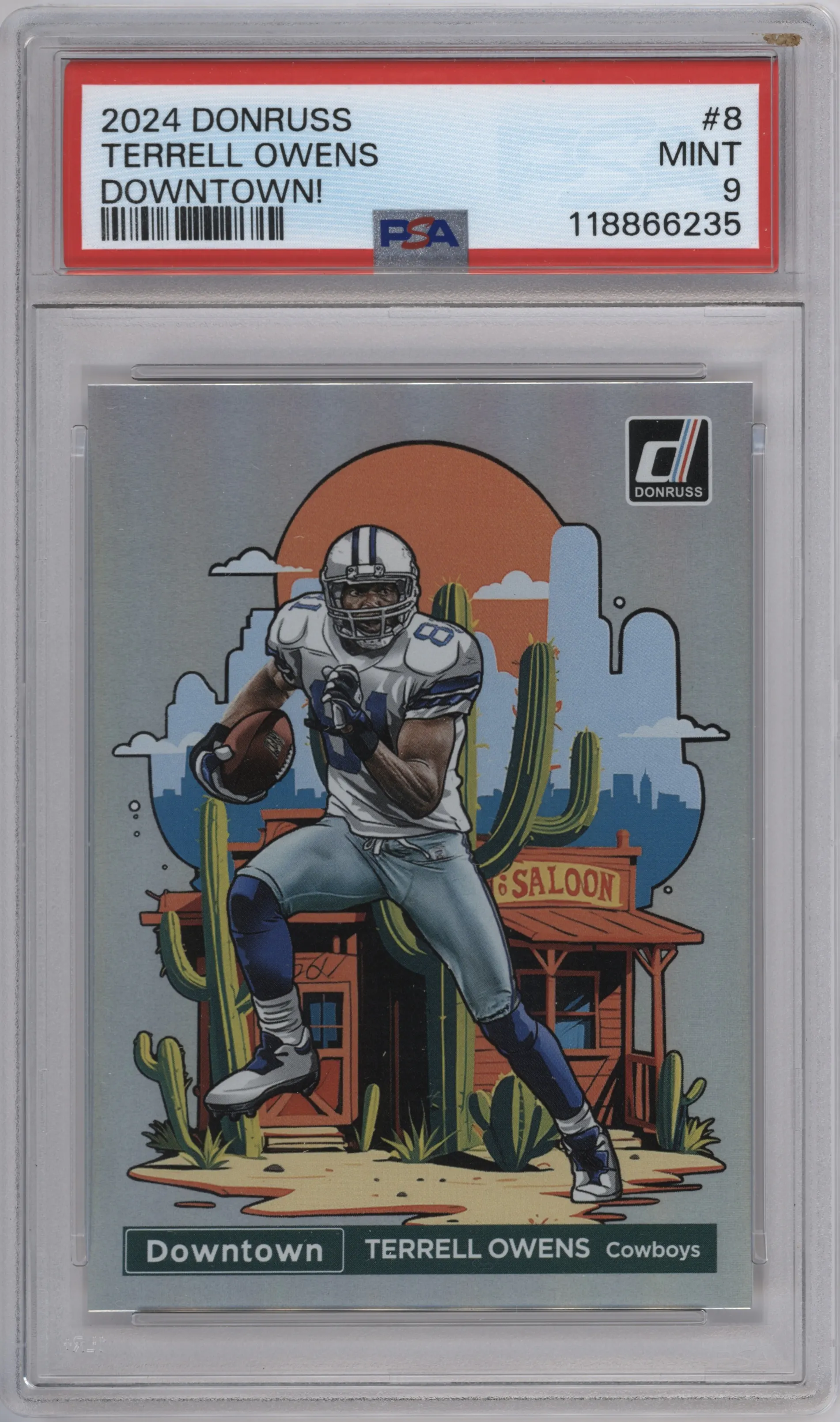 Terrell Owens from the 2024 Donruss set graded by PSA and given an overall grade of 9.