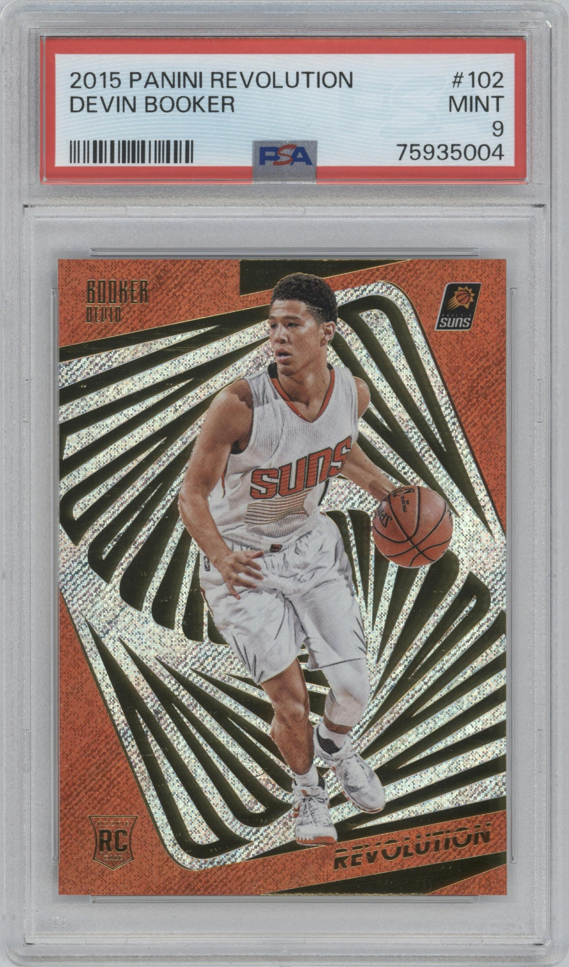 Devin Booker from the 2015-16 Panini Revolution set graded by PSA and given an overall grade of 9.