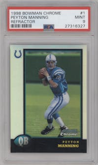 Peyton Manning from the 1998 Bowman Chrome set featuring a Refractor parallel graded by PSA and given an overall grade of 9.