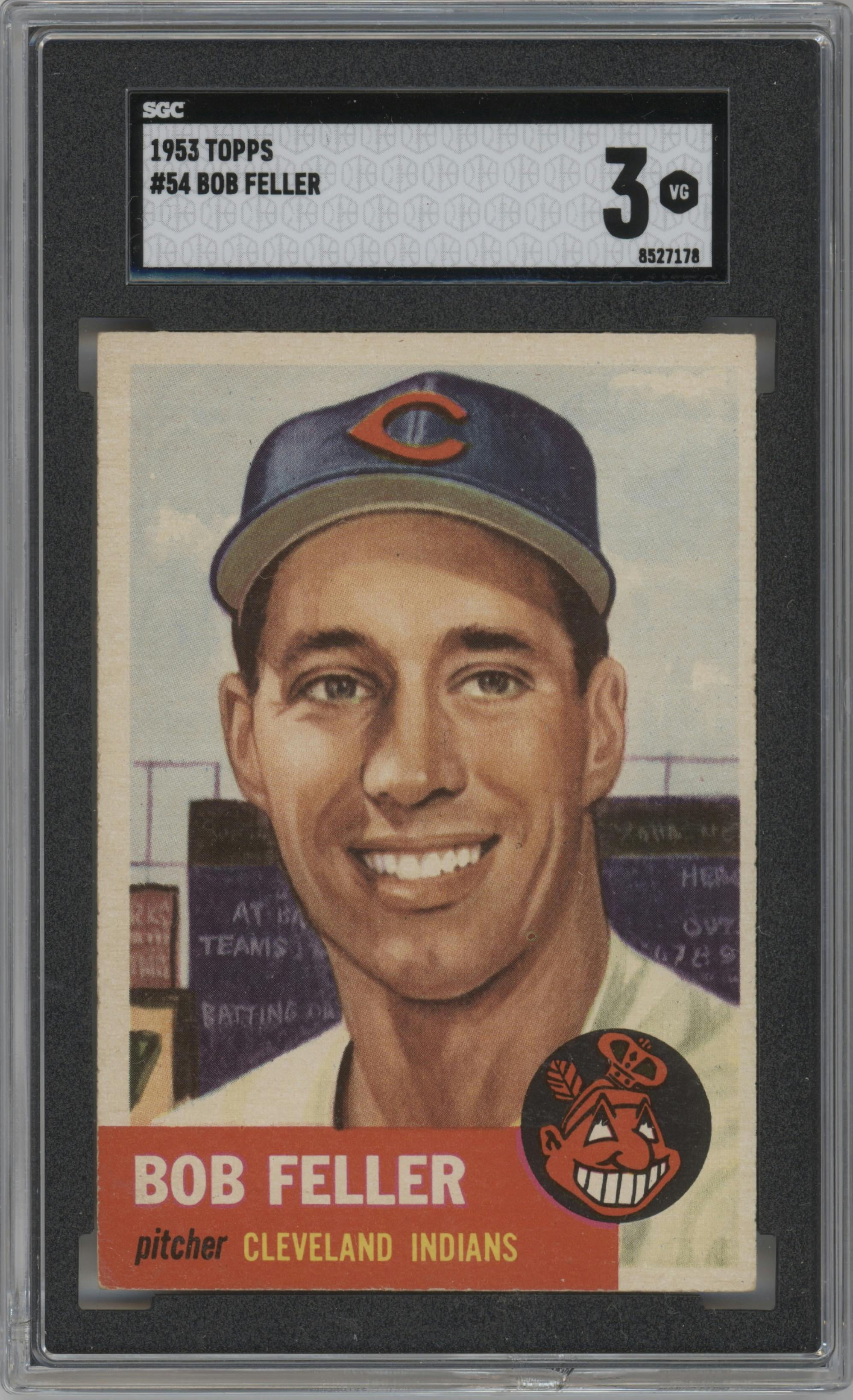 Bob Feller from the 1953 Topps set graded by SGC and given an overall grade of 3.