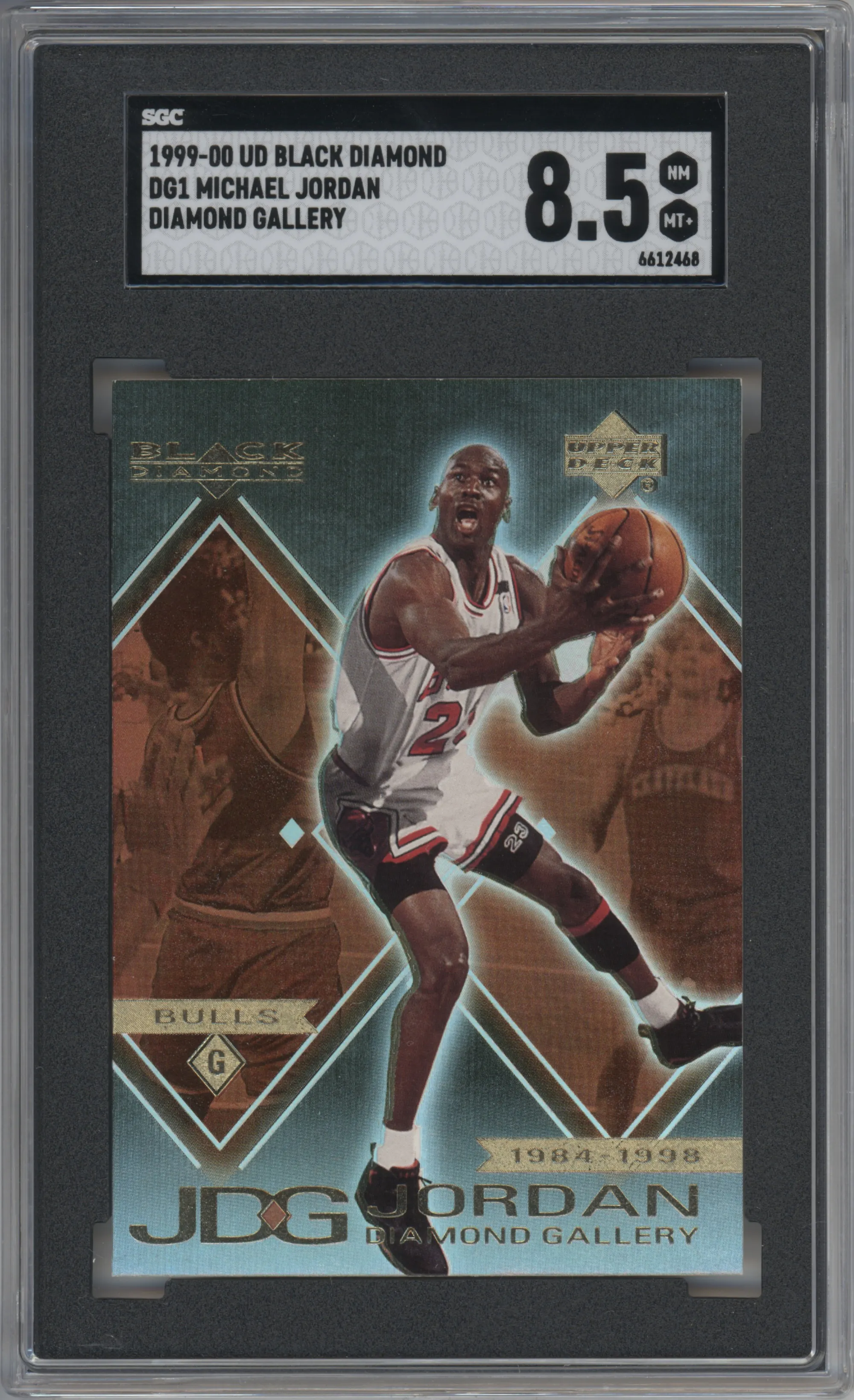 Michael Jordan from the 1999-00 Upper Deck Black Diamond set graded by SGC and given an overall grade of 8.5.