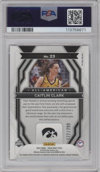 Caitlin Clark from the 2024 Panini Prizm Draft Picks set featuring a Red Pulsar parallel graded by PSA and given an overall grade of 9.