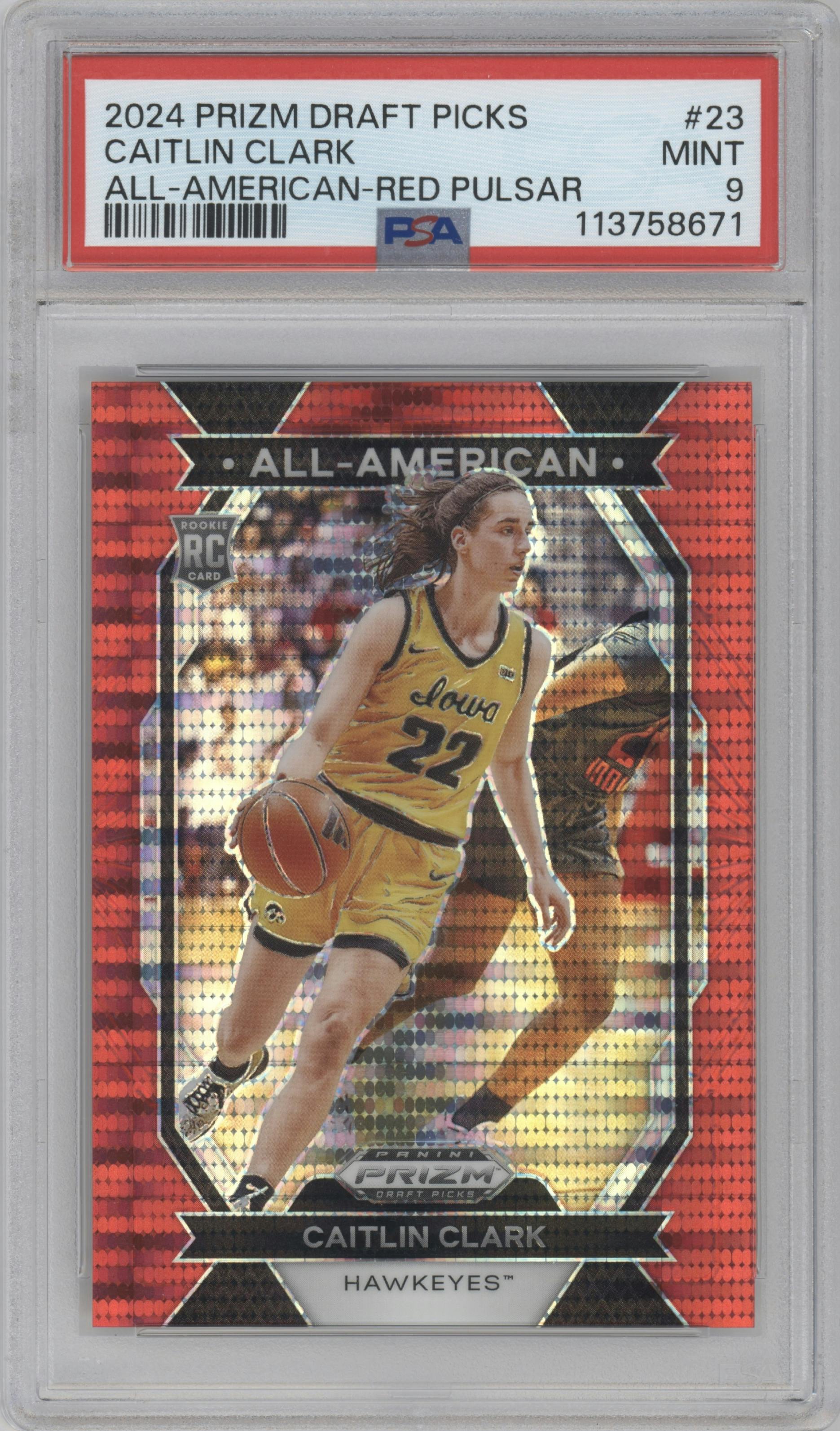 Caitlin Clark from the 2024 Panini Prizm Draft Picks set featuring a Red Pulsar parallel graded by PSA and given an overall grade of 9.