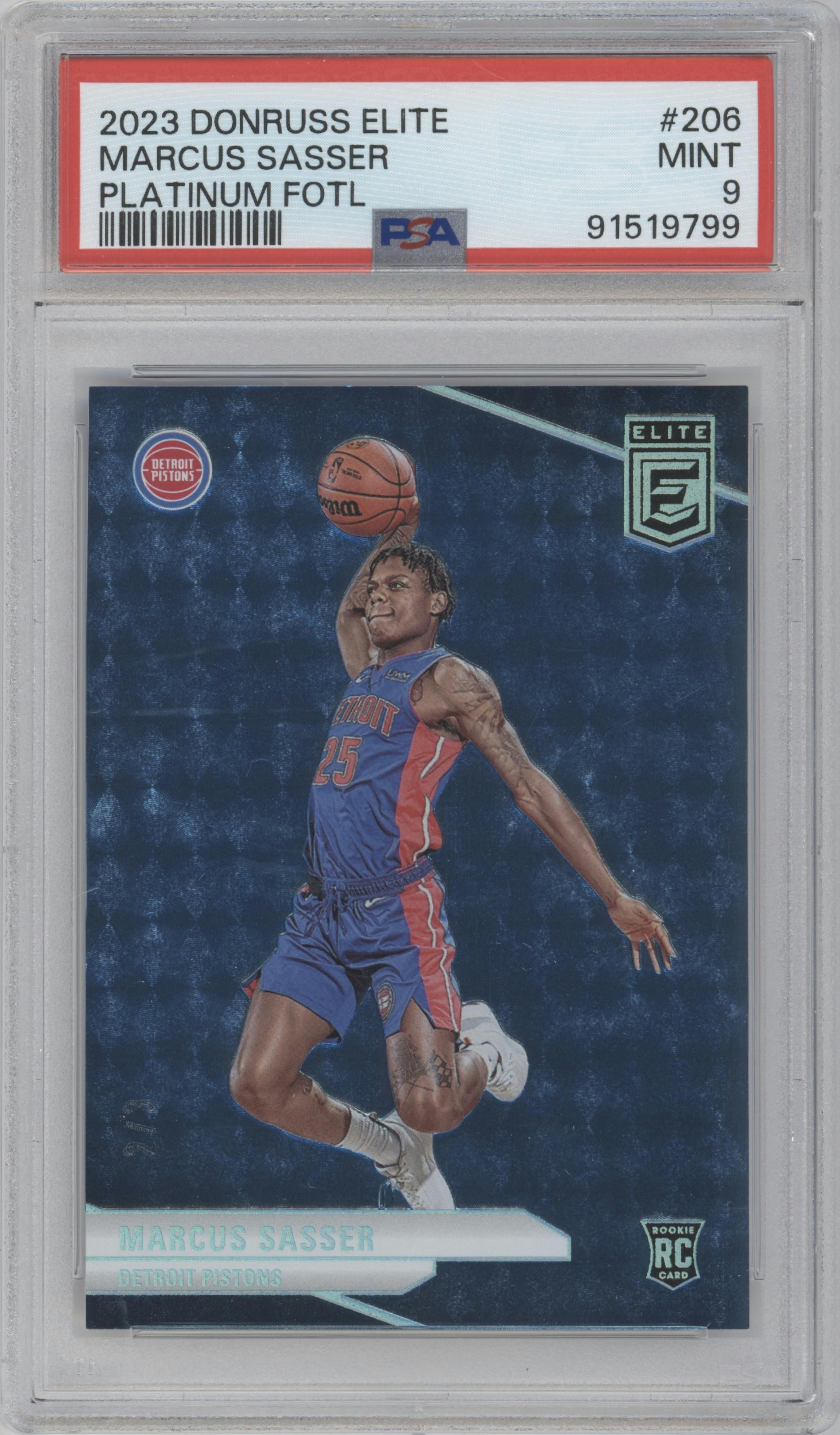 Marcus Sasser from the 2023-24 Panini Donruss Elite set featuring a Platinum FOTL parallel graded by PSA and given an overall grade of 9.