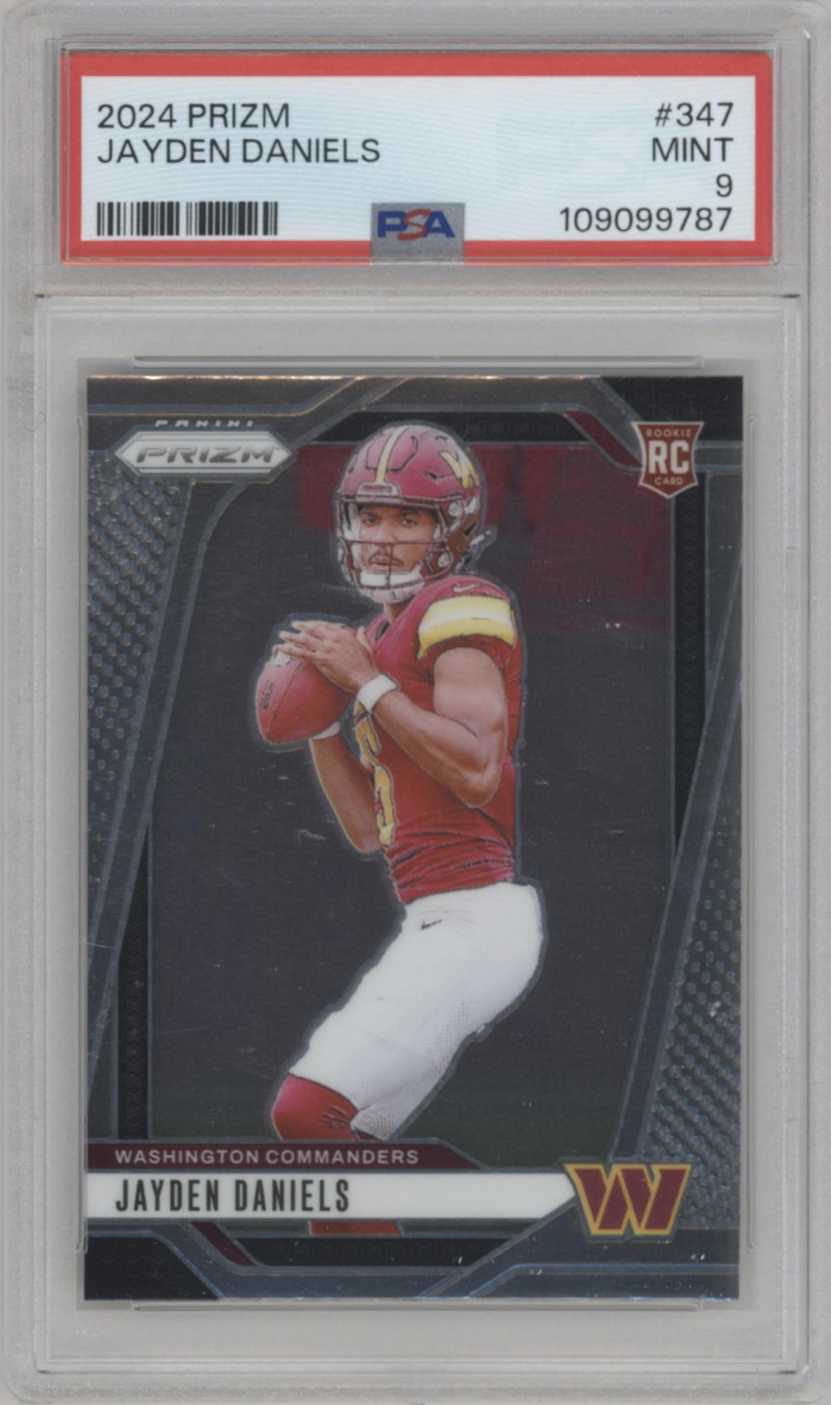 Jayden Daniels from the 2024 Panini Prizm set graded by PSA and given an overall grade of 9.