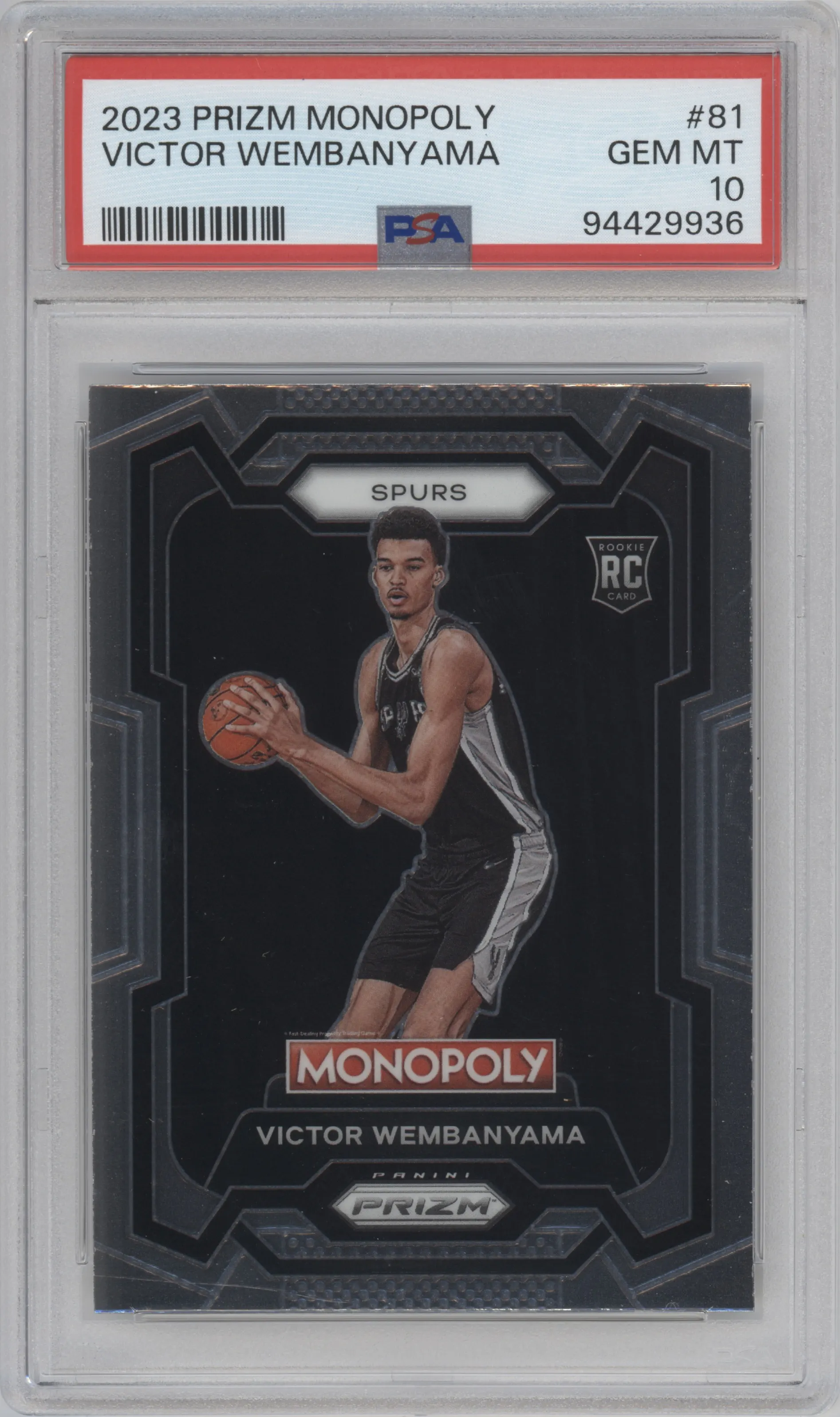 Victor Wembanyama from the 2023-24 Panini Prizm Monopoly set graded by PSA and given an overall grade of 10.