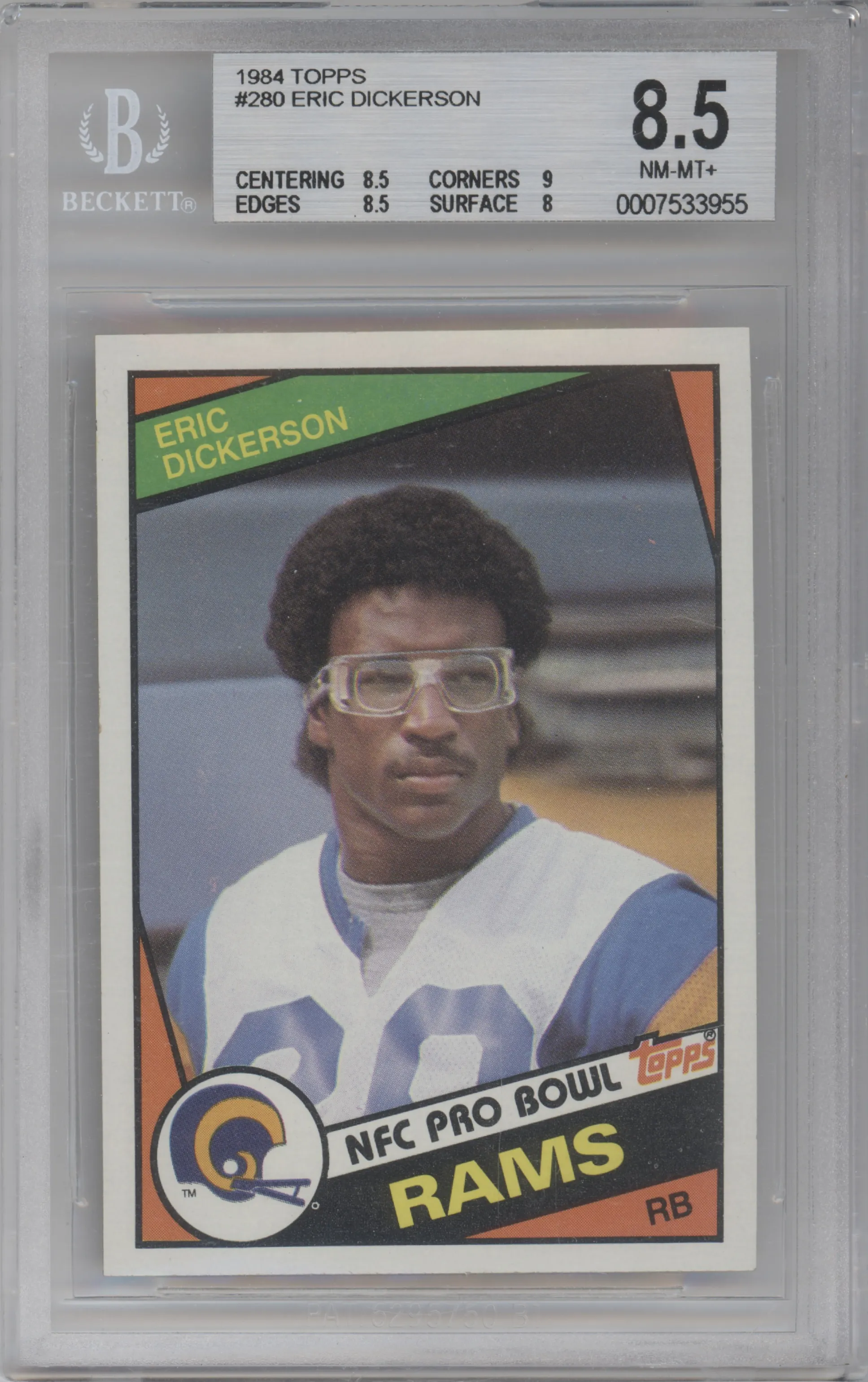 Eric Dickerson from the 1984 Topps set graded by Beckett and given an overall grade of 8.5.