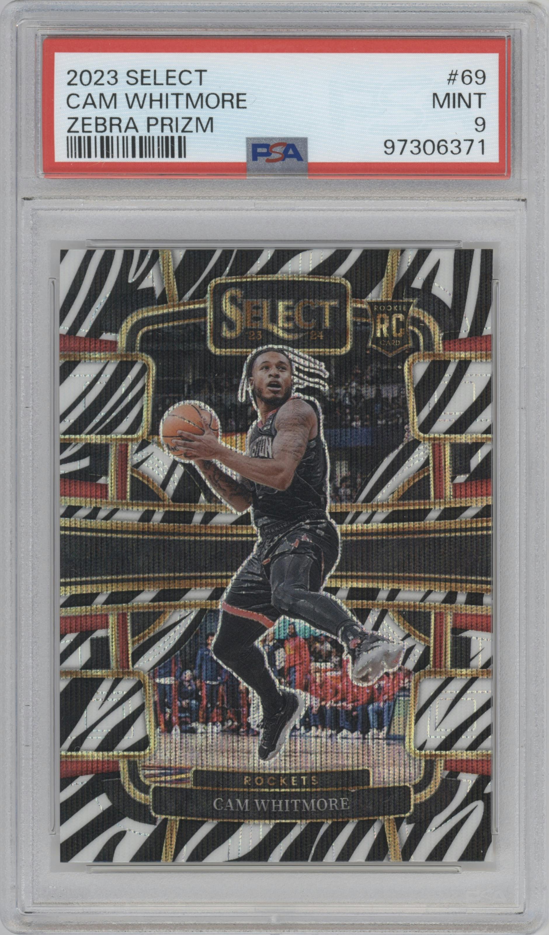 Cam Whitmore from the 2023-24 Panini Select  set featuring a Zebra parallel graded by PSA and given an overall grade of 9.