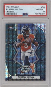 Russell Wilson from the 2022 Panini Mosaic set featuring a Genesis parallel graded by PSA and given an overall grade of 10.