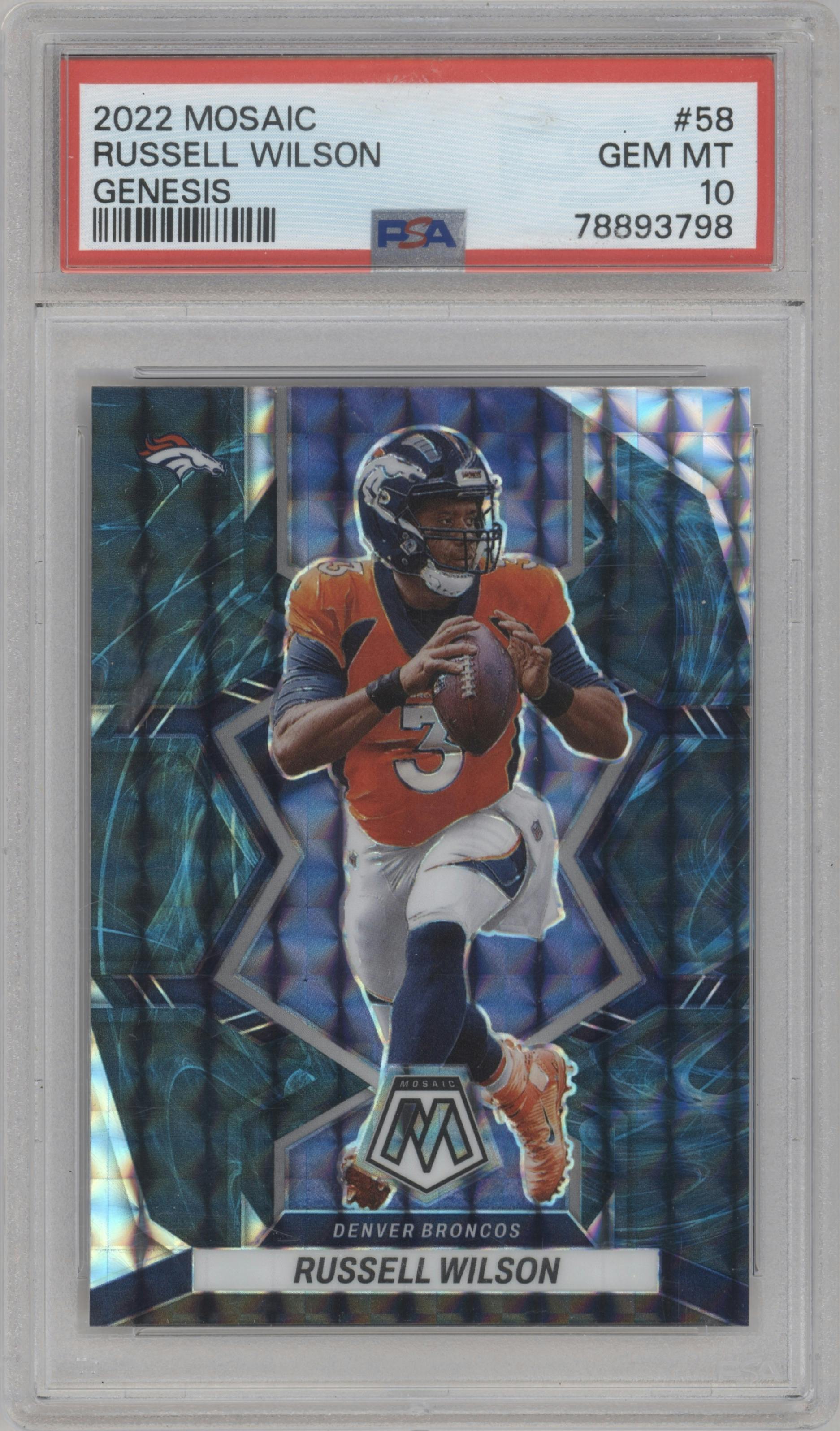 Russell Wilson from the 2022 Panini Mosaic set featuring a Genesis parallel graded by PSA and given an overall grade of 10.