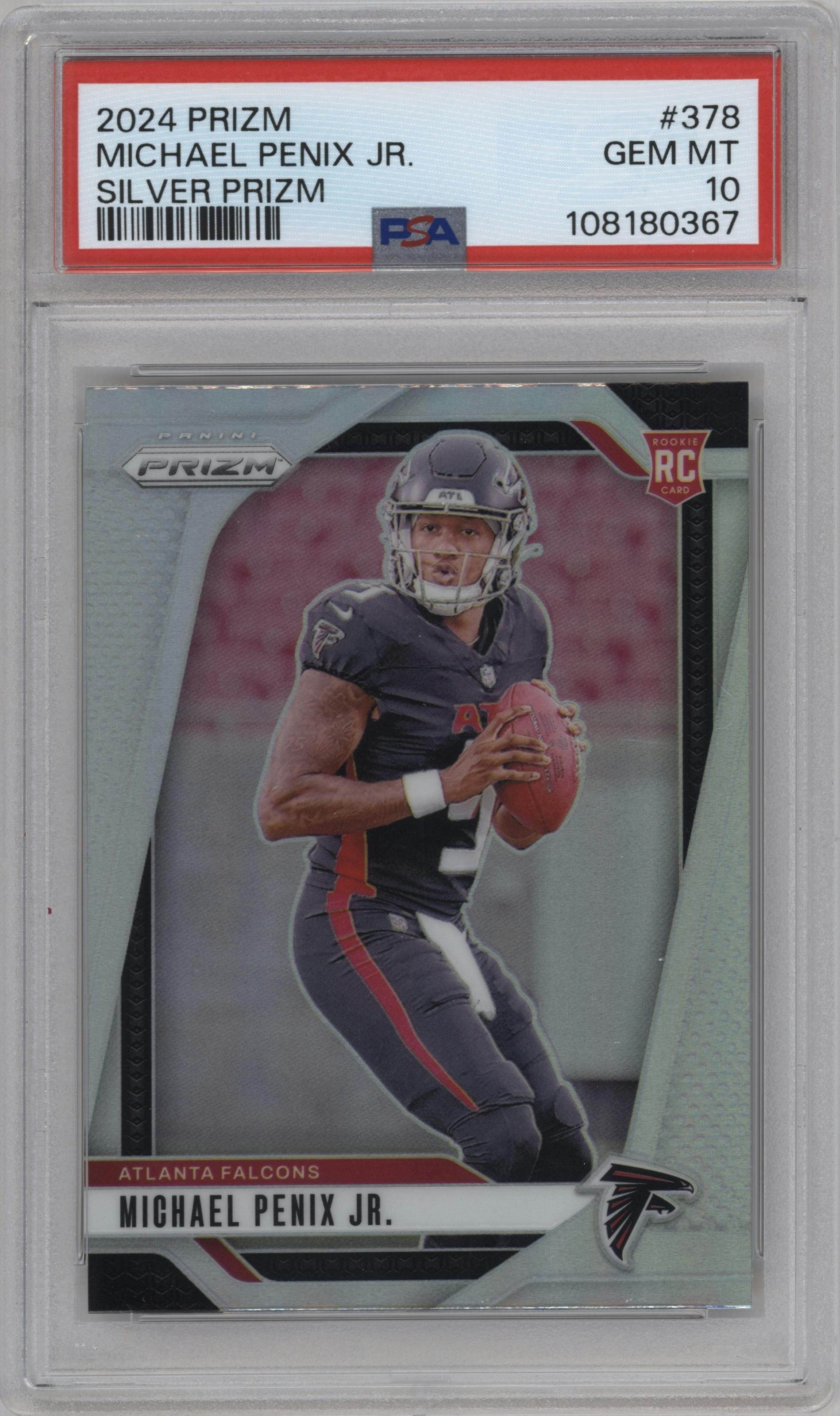 Michael Penix Jr. from the 2024 Panini Prizm set featuring a Silver Prizm parallel graded by PSA and given an overall grade of 10.