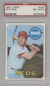 Pete Rose from the 1969 Topps set graded by PSA and given an overall grade of 8.