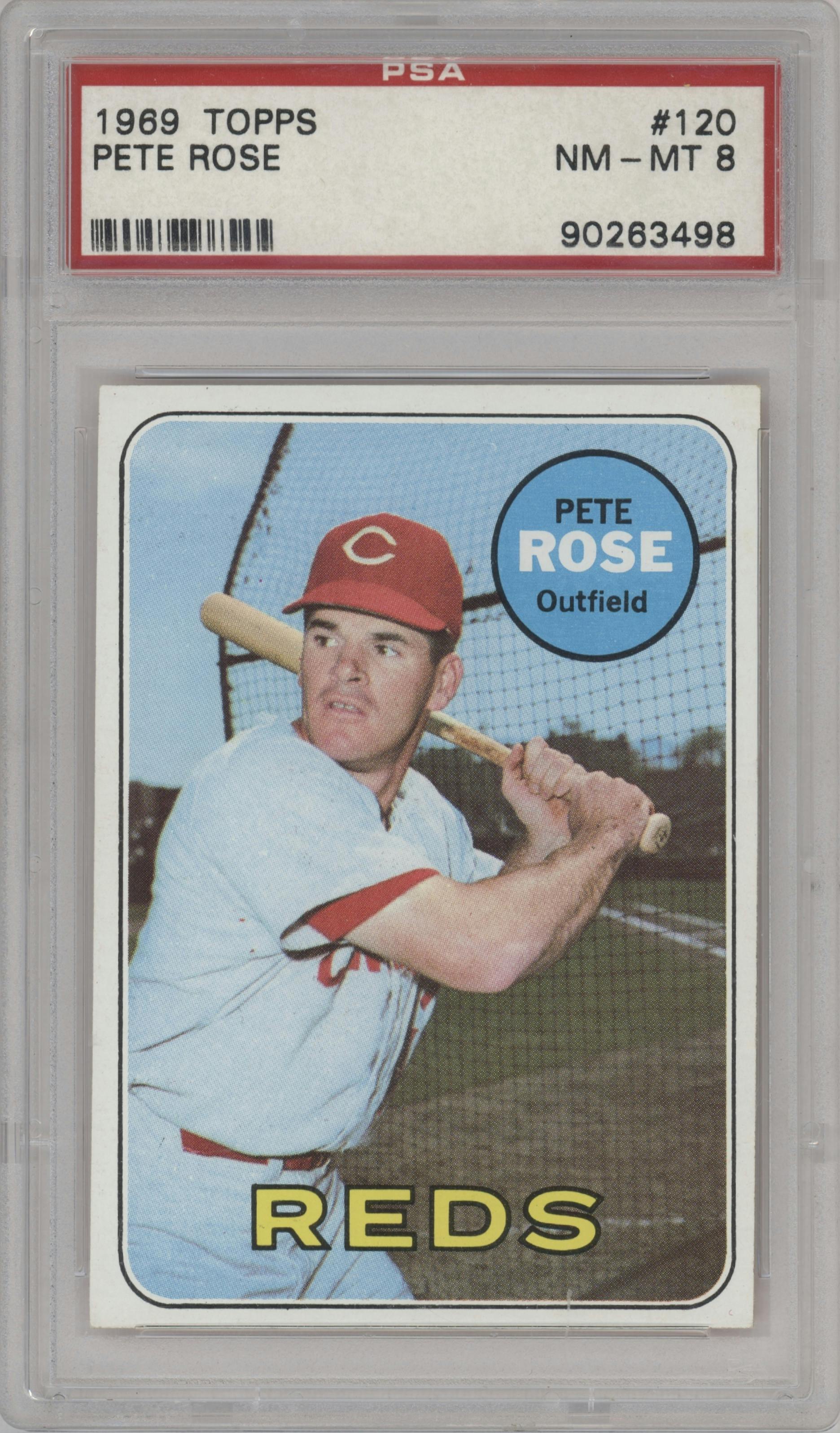 Pete Rose from the 1969 Topps set graded by PSA and given an overall grade of 8.