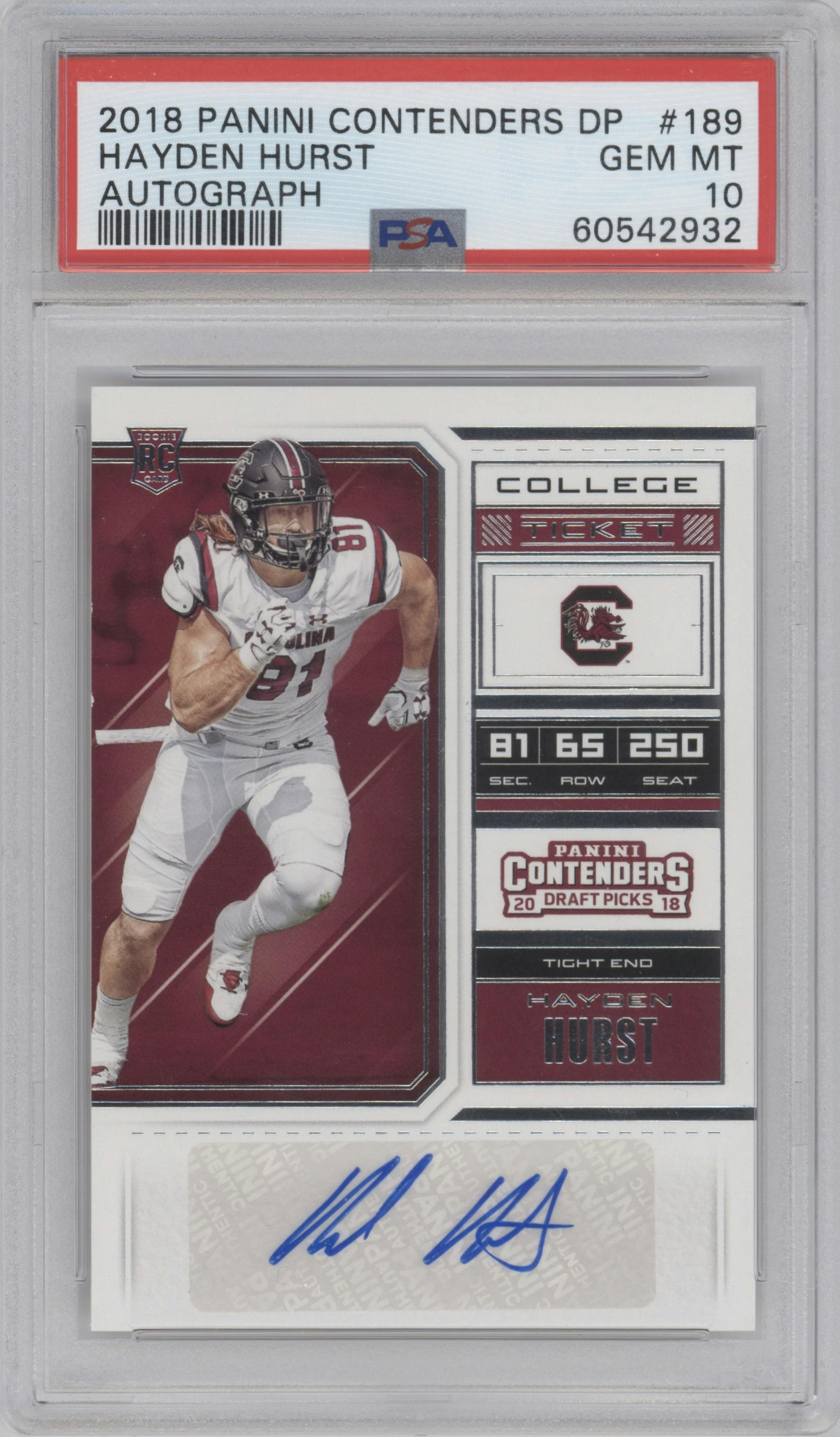 Hayden Hurst from the 2018 Panini Contenders Draft Picks set graded by PSA and given an overall grade of 10.