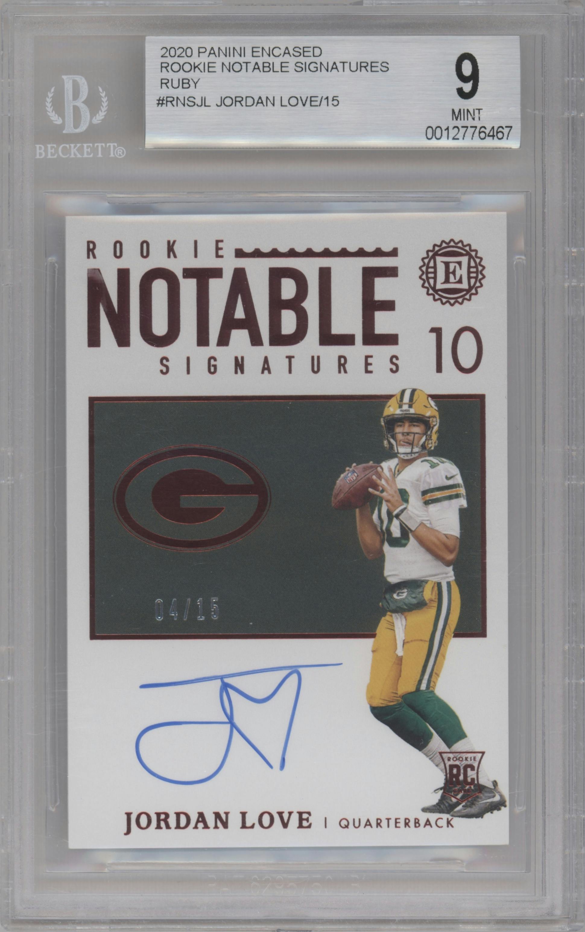 Jordan Love from the 2020 Panini Encased set featuring a Ruby parallel graded by Beckett and given an overall grade of 9.