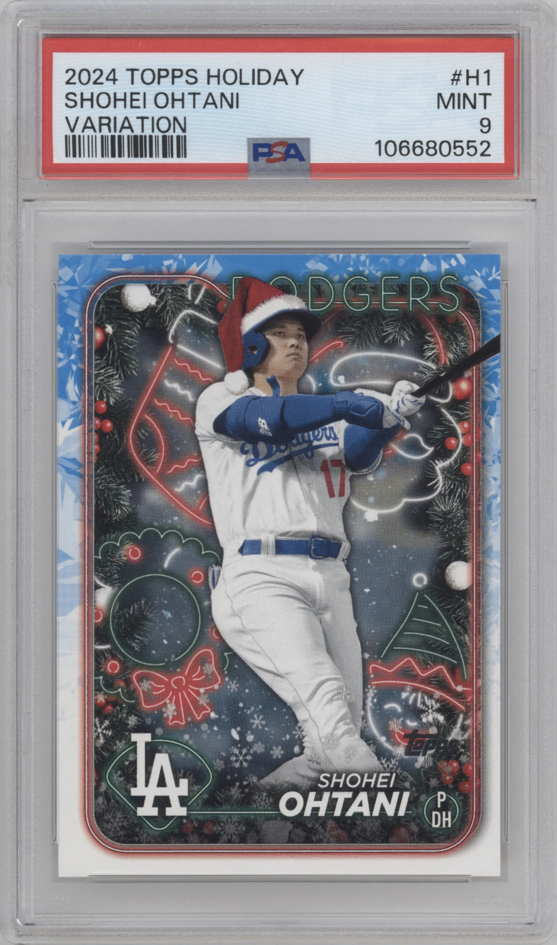 Shohei Ohtani from the 2024 Topps Holiday set graded by PSA and given an overall grade of 9.